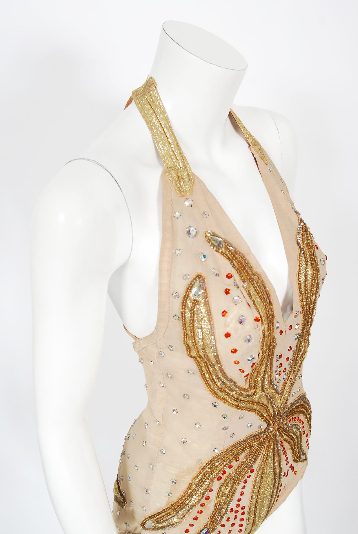 Vintage 1940's Metallic Gold Lamé Flame Rhinestone Mesh Showgirl Circus Costume 2