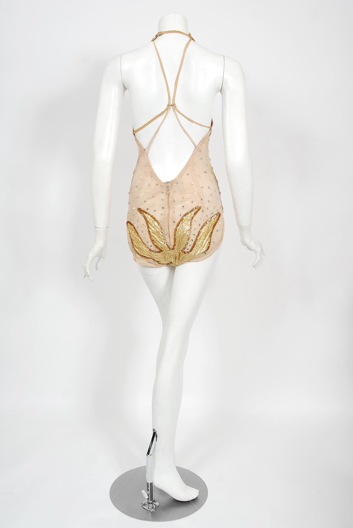 Vintage 1940's Metallic Gold Lamé Flame Rhinestone Mesh Showgirl Circus Costume 3