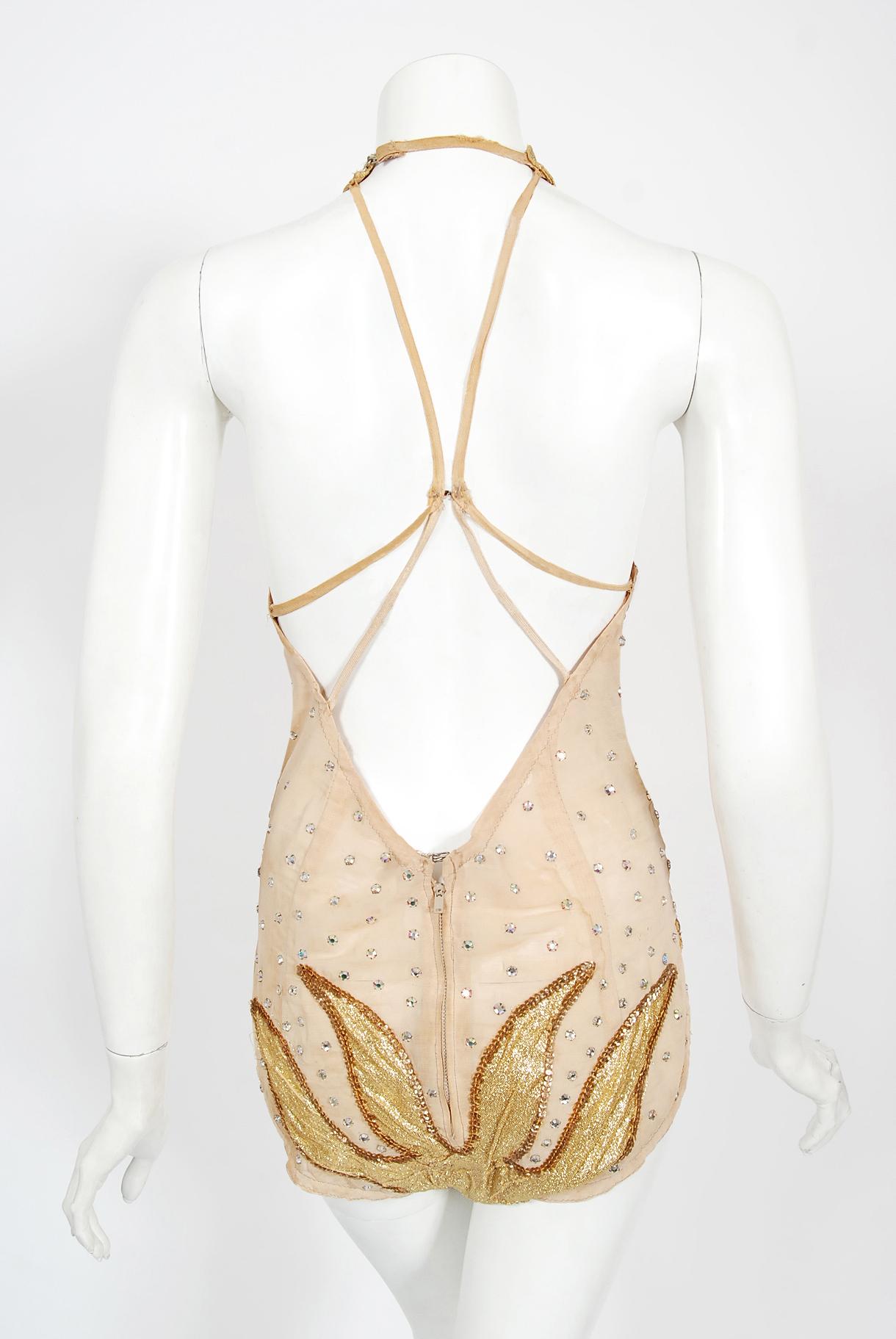 Vintage 1940's Metallic Gold Lamé Flame Rhinestone Mesh Showgirl Circus Costume 4