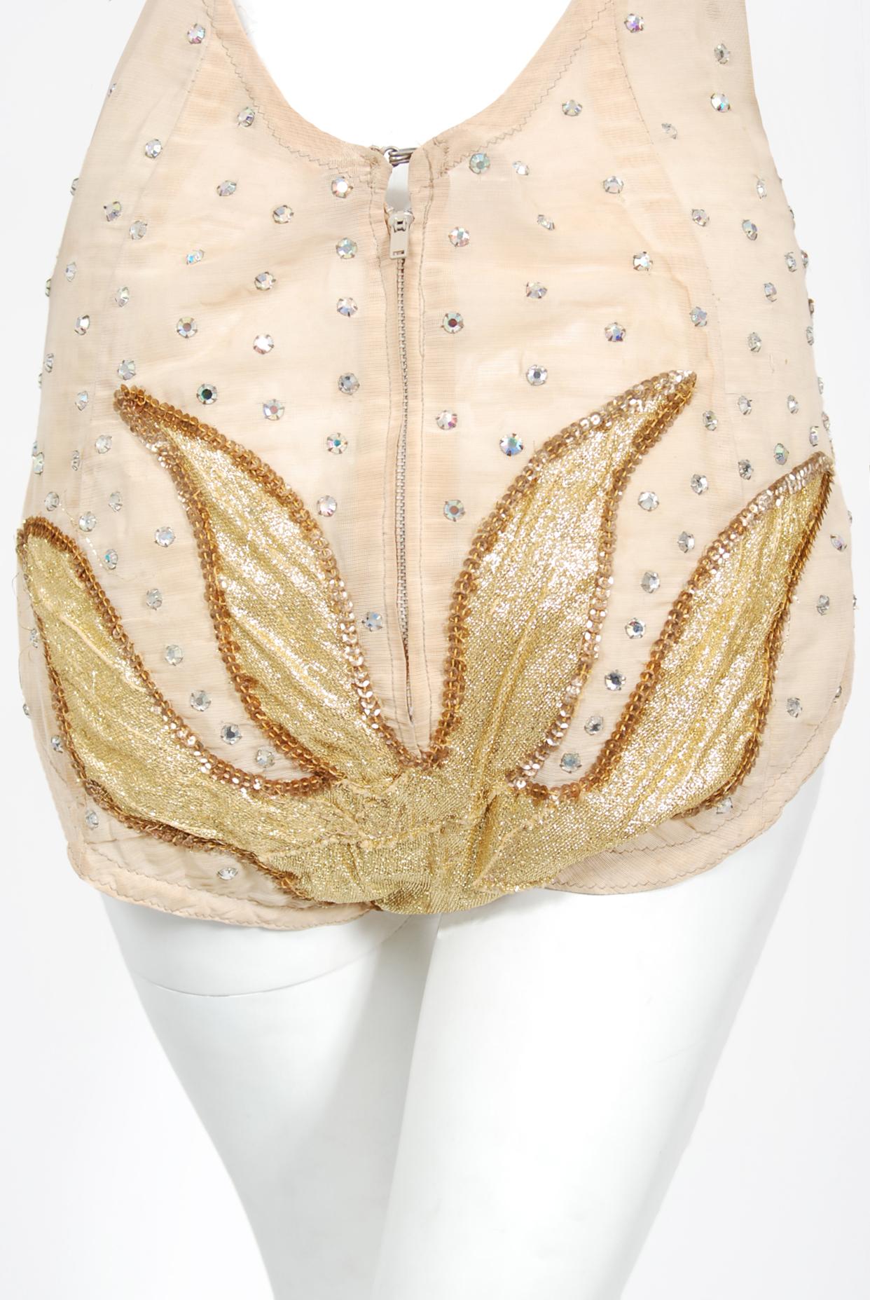 Vintage 1940's Metallic Gold Lamé Flame Rhinestone Mesh Showgirl Circus Costume 5
