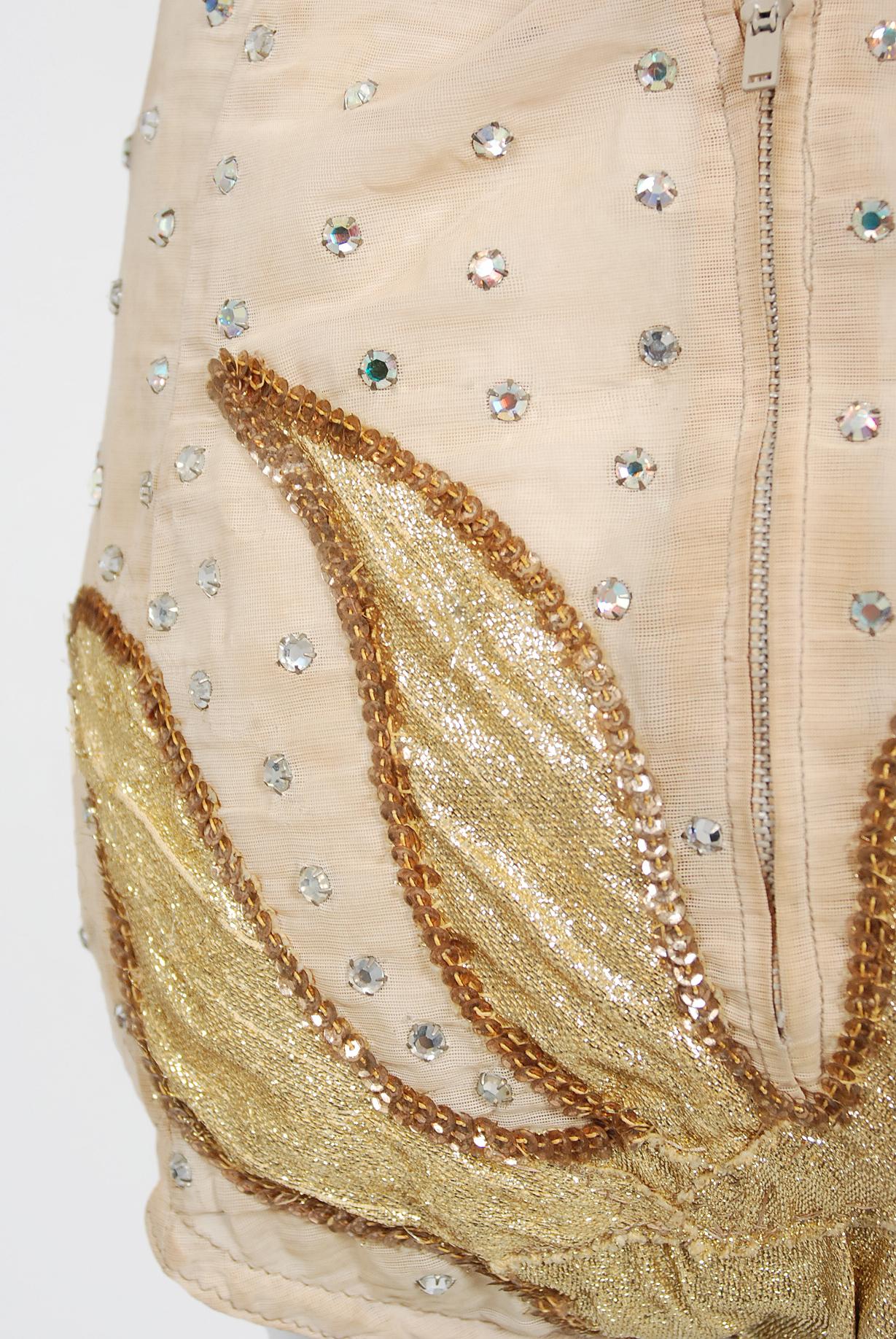 Vintage 1940's Metallic Gold Lamé Flame Rhinestone Mesh Showgirl Circus Costume 6