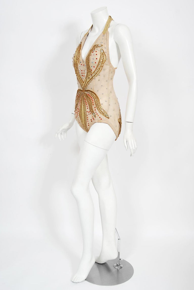 Vintage 1940's Metallic Gold Lamé Flame Rhinestone Mesh Showgirl Circus Costume For Sale 1