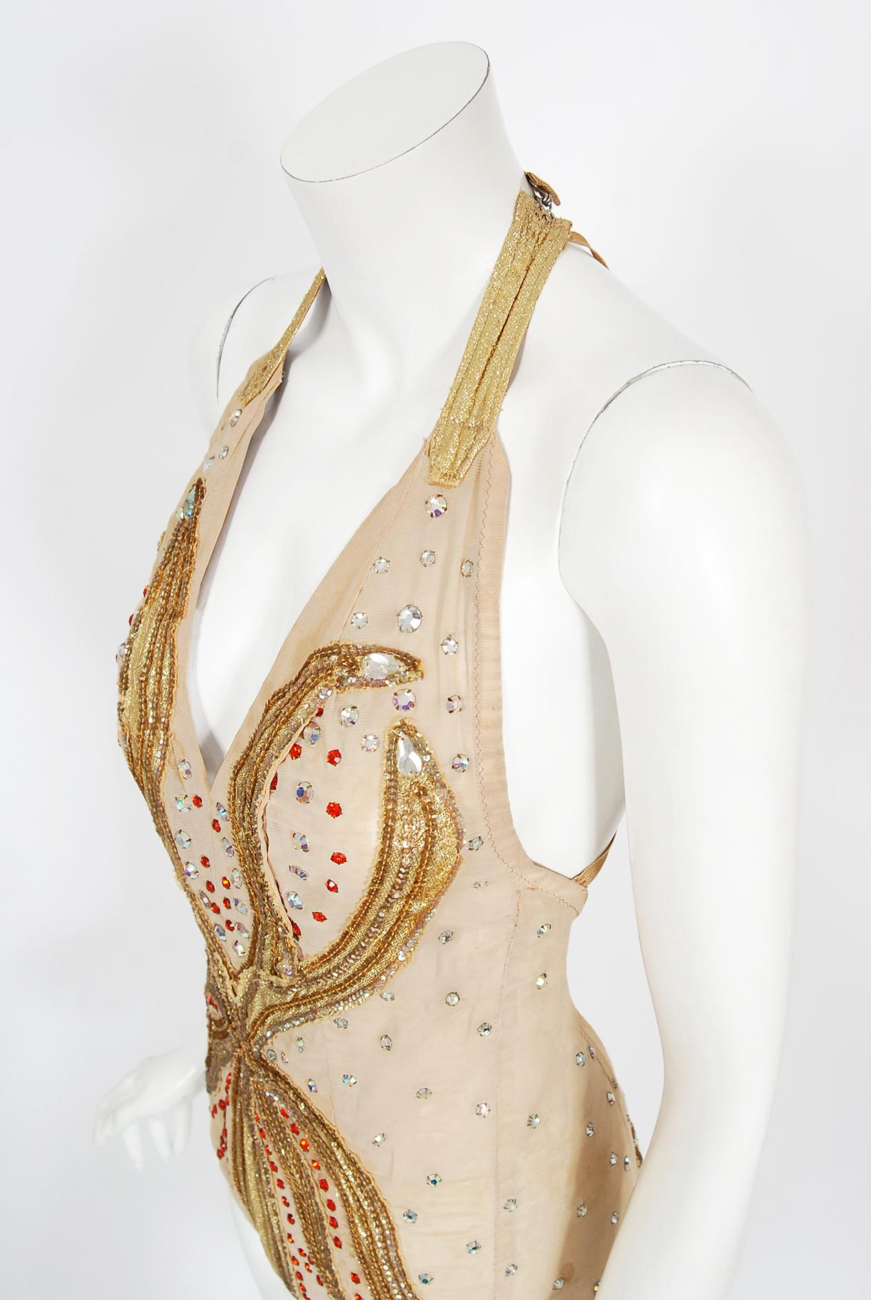 Vintage 1940's Metallic Gold Lamé Flame Rhinestone Mesh Showgirl Circus Costume In Good Condition In Beverly Hills, CA