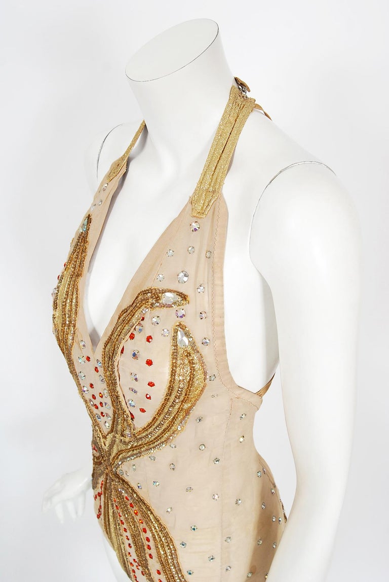 Vintage 1940's Metallic Gold Lamé Flame Rhinestone Mesh Showgirl Circus Costume For Sale 2