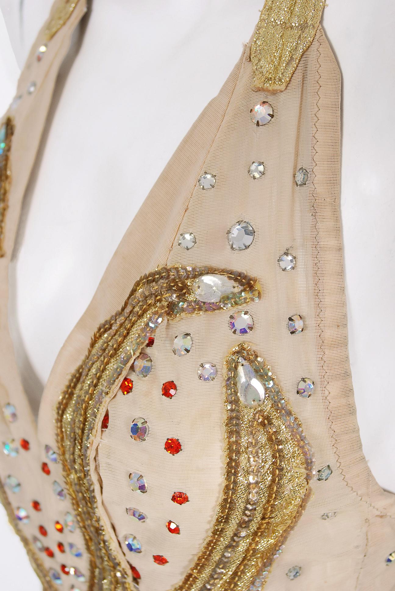 Women's Vintage 1940's Metallic Gold Lamé Flame Rhinestone Mesh Showgirl Circus Costume