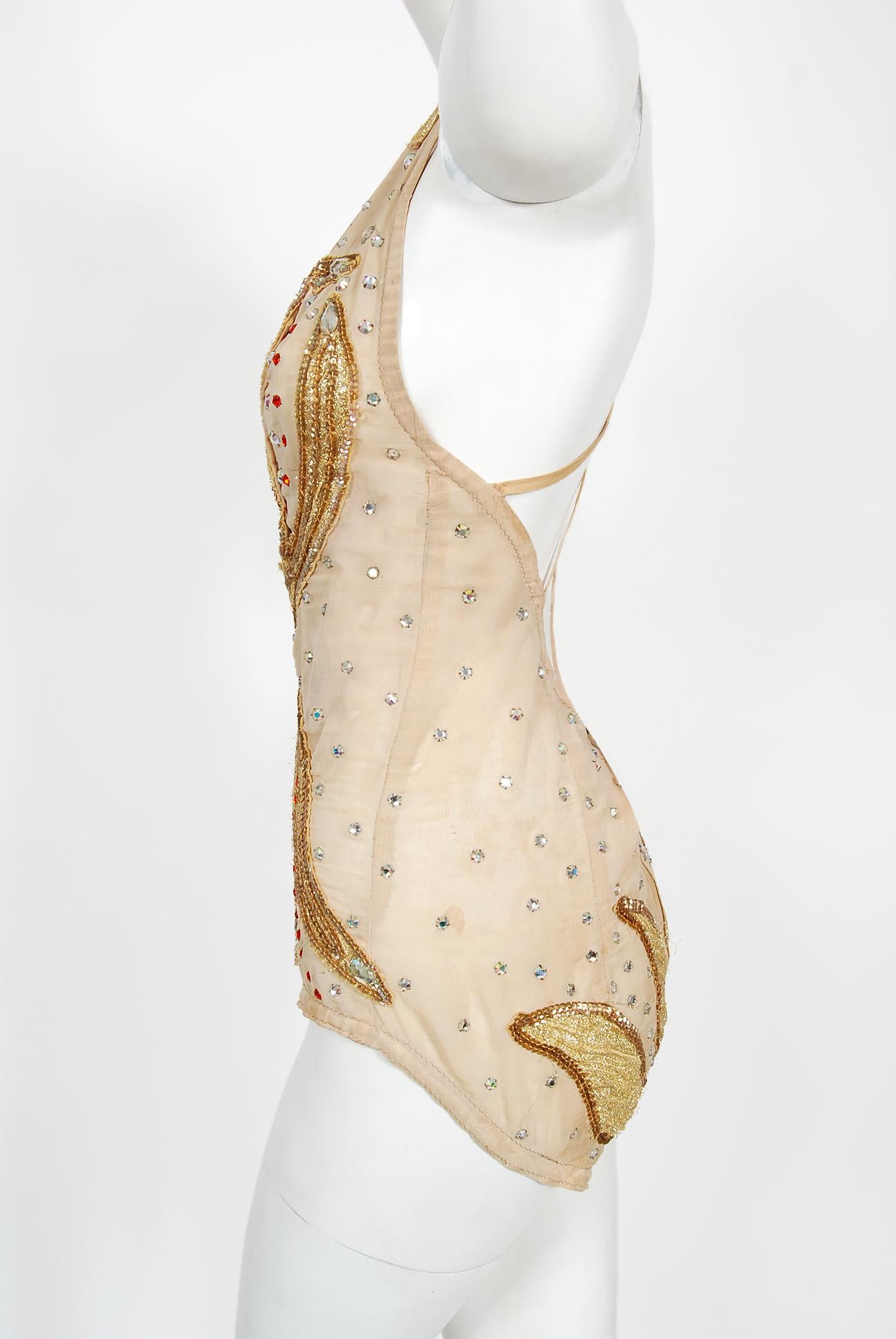 Vintage 1940's Metallic Gold Lamé Flame Rhinestone Mesh Showgirl Circus Costume 1