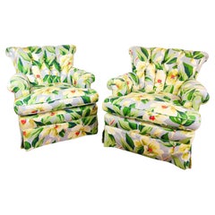 Vintage 1940s Mid Century Pair Oversized Floral Print Button Tufted Arm Chairs