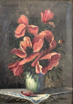 Quadro di natura morta di metà secolo, vintage, 1940, con fiori rossi in un vaso