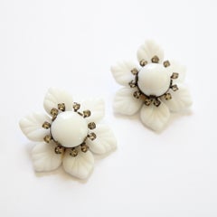 Vintage 1940's Miriam Haskell Clip on Earrings Milk Glass Rhinestone Flowers