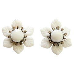 Vintage 1940's Miriam Haskell Clip on Earrings Milk Glass Rhinestone Flowers