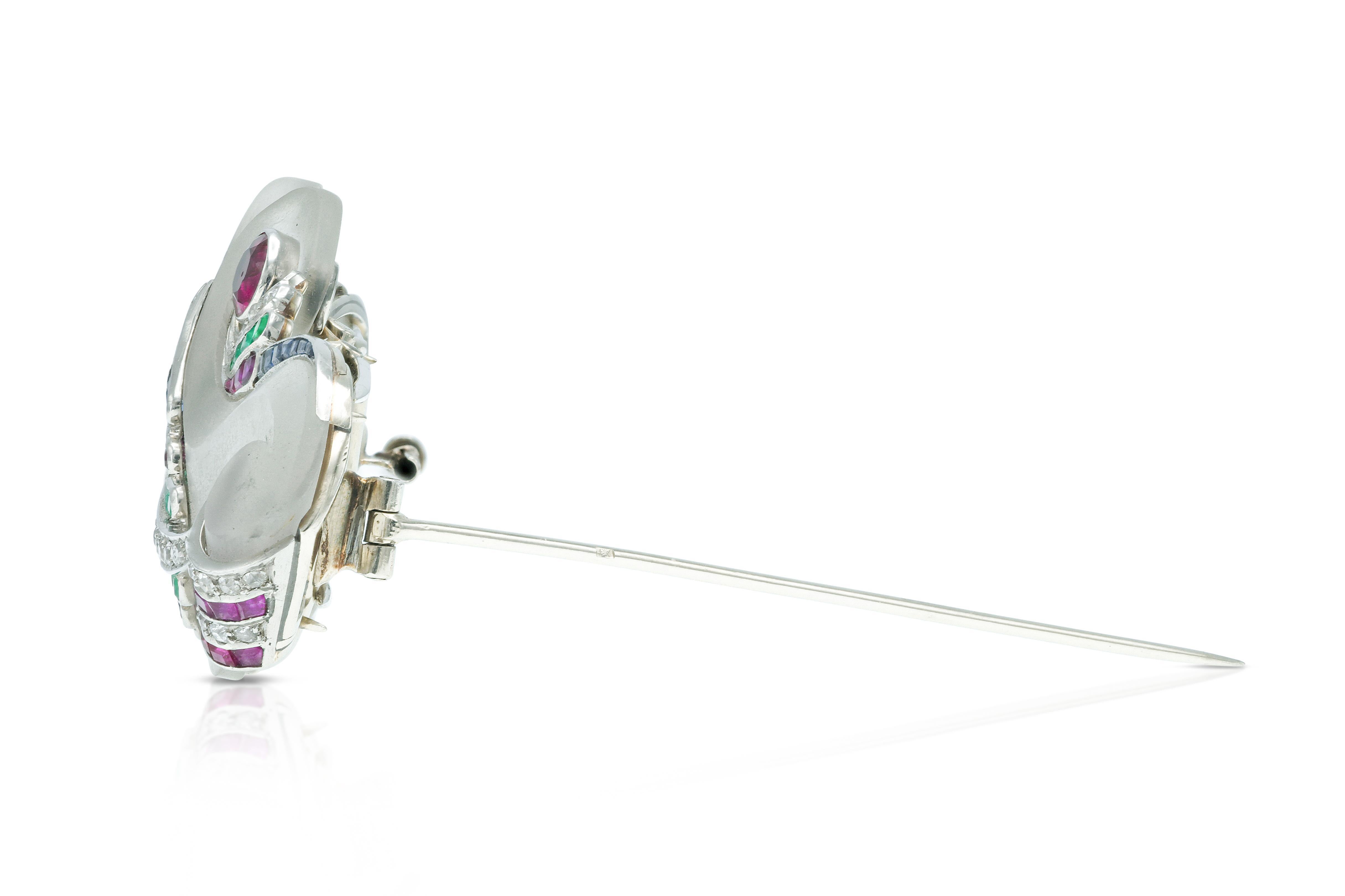 Mixed Cut Vintage 1940s Multi-Gem Rock Crystal Double Clip Brooch For Sale