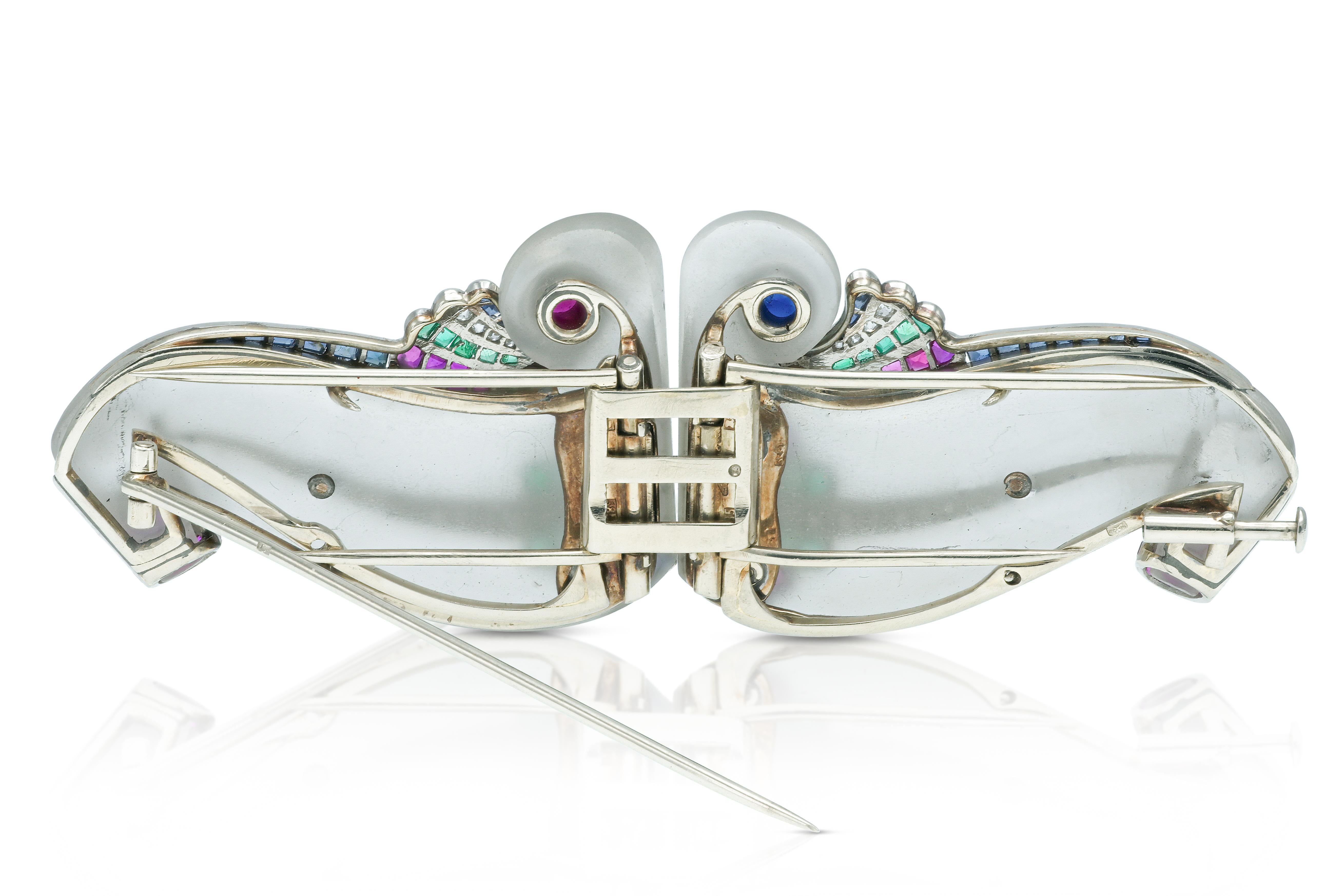 Vintage 1940s Multi-Gem Rock Crystal Double Clip Brooch In Good Condition For Sale In New York, NY