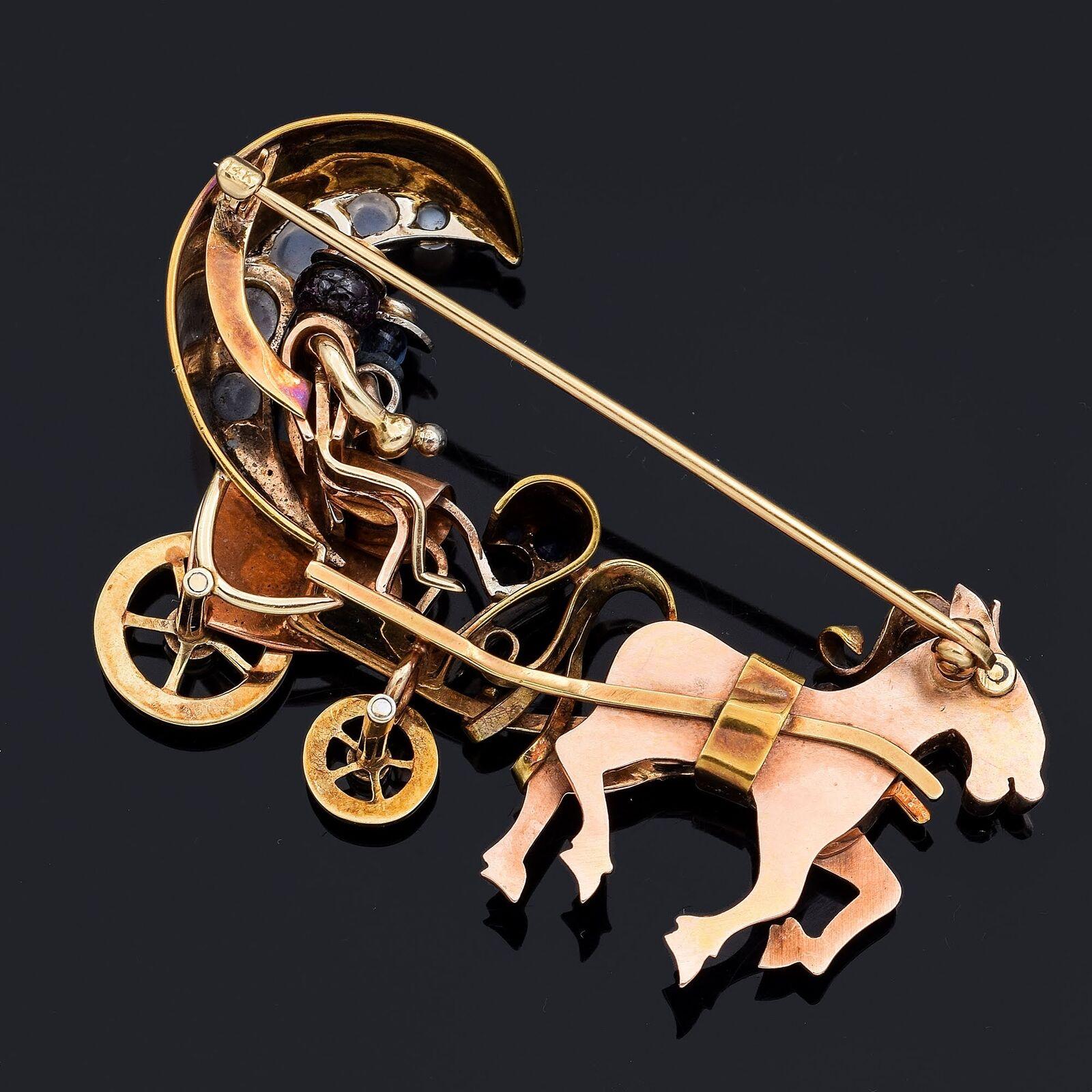 Round Cut Vintage 1940s Multi-Stone Yellow Gold Heart Moon Horse Carriage Brooch Pin For Sale