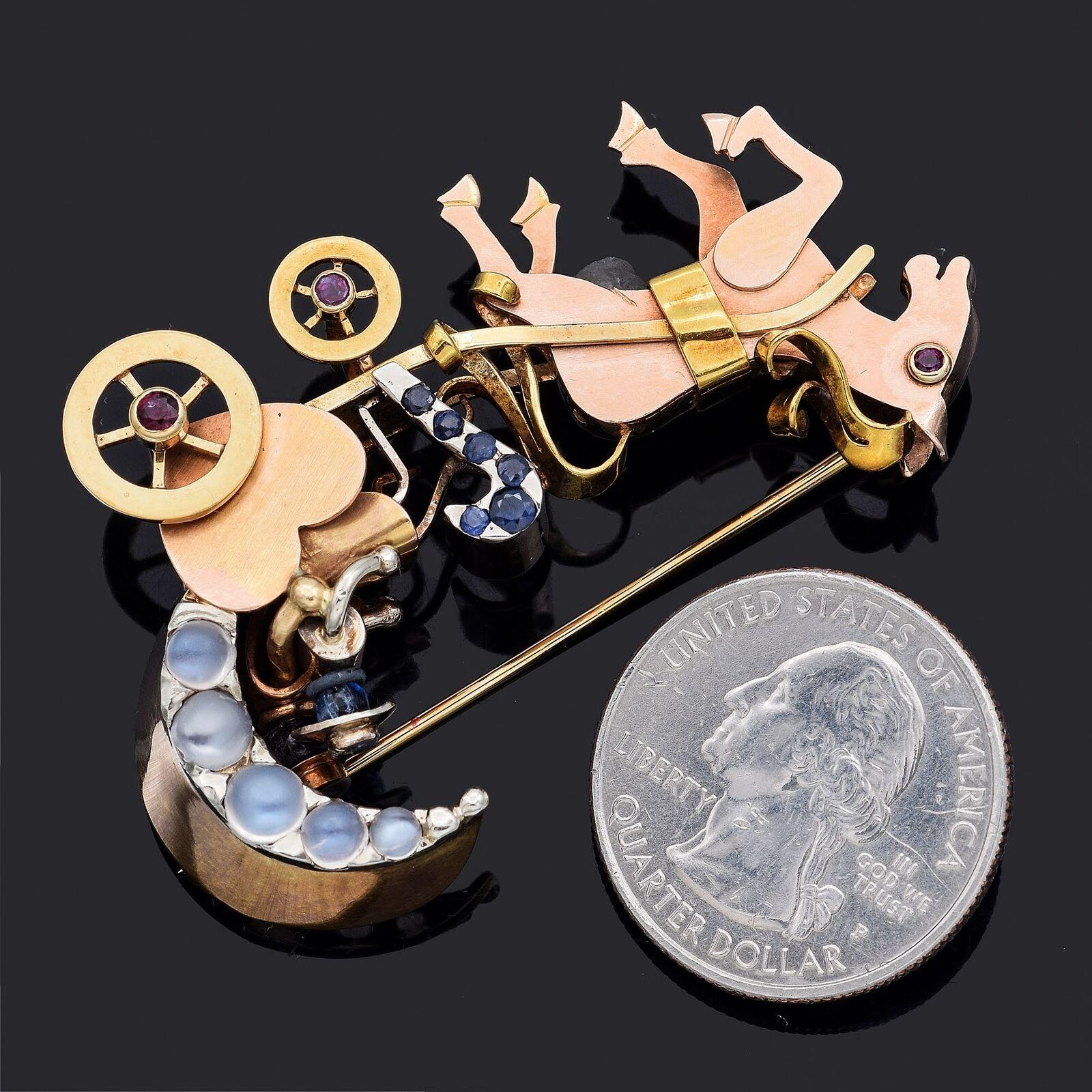 Vintage 1940er Jahre Mehrstein Gelbgold Herz Mond Pferd Kutschen Brosche Pin im Zustand „Gut“ im Angebot in New York, NY