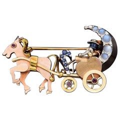 Vintage 1940s Multi-Stone Yellow Gold Heart Moon Horse Carriage Brooch Pin
