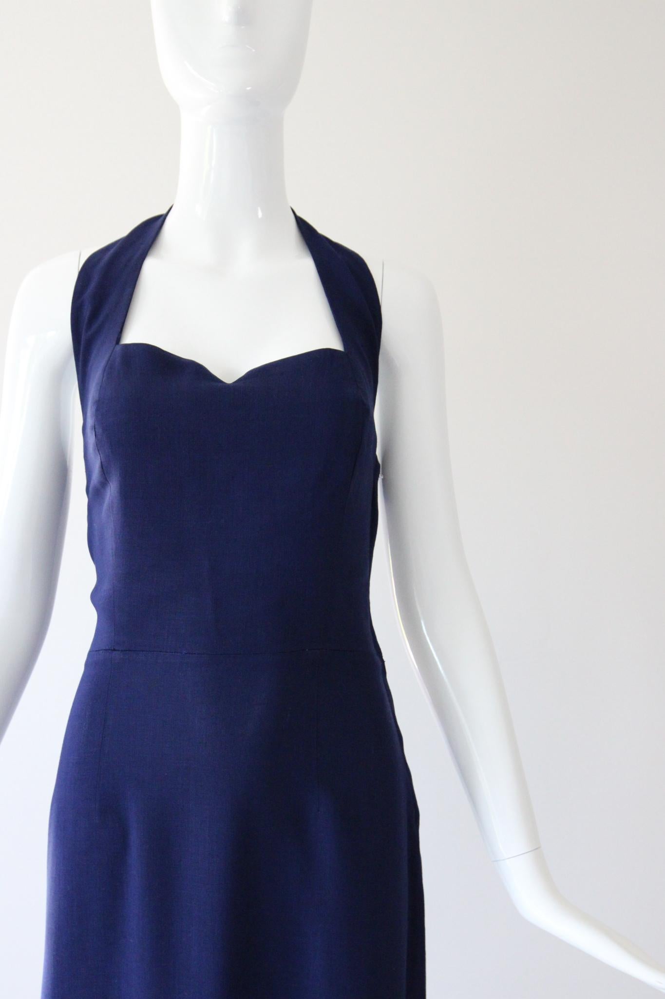 Noir Vintage 1940s Navy Blue Cotton Halter Neck Dress Robe de jour 1940's UK 8-10 US 4-6