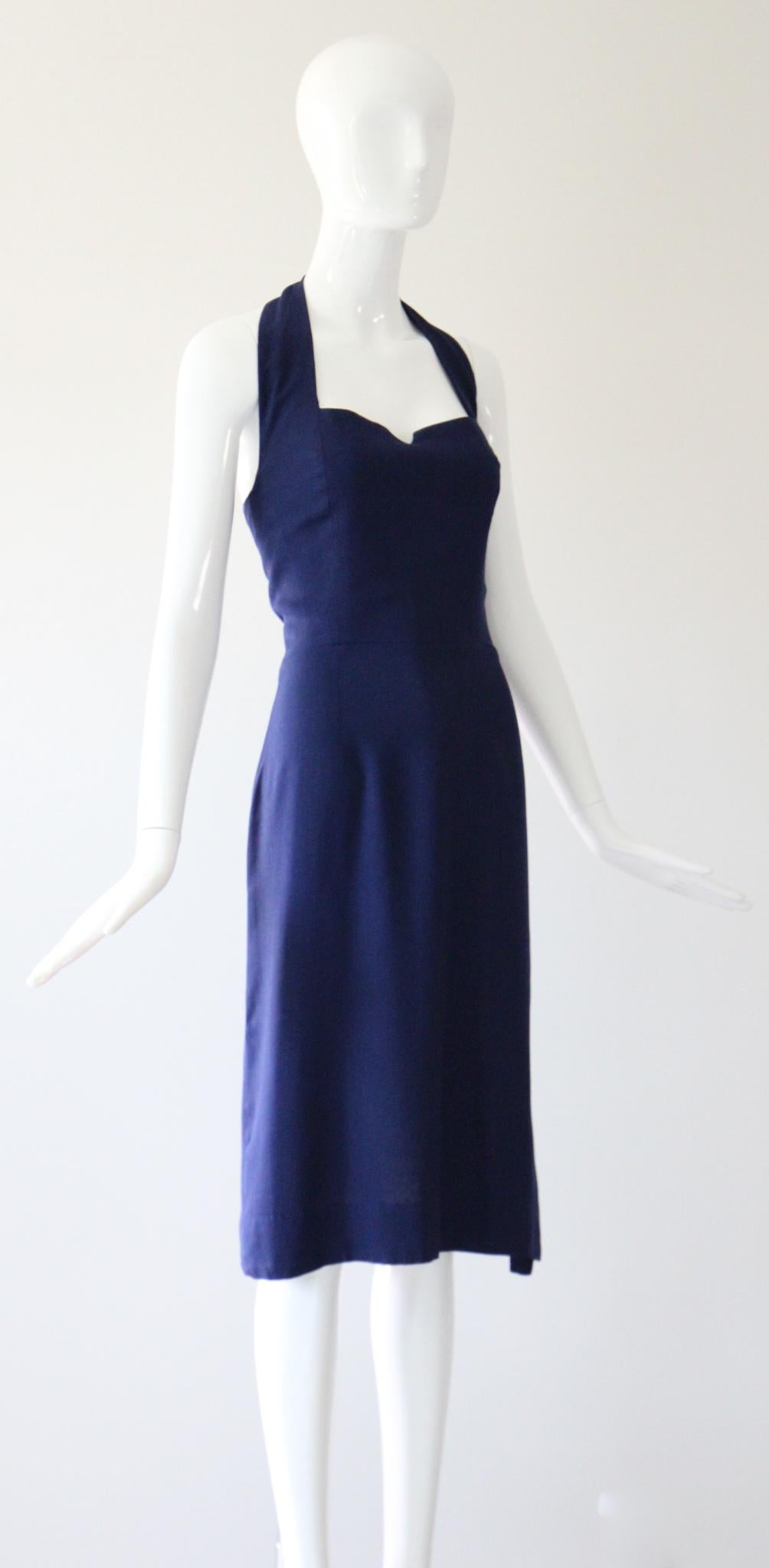 Vintage 1940s Navy Blue Cotton Halter Neck Dress Robe de jour 1940's UK 8-10 US 4-6 Bon état à Cheltenham, GB