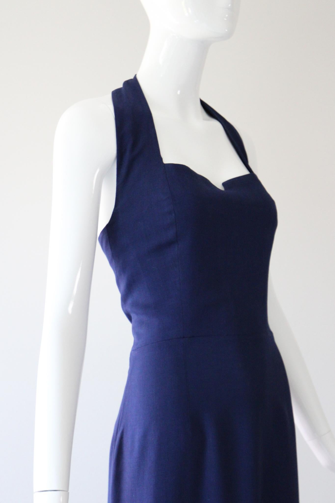  Vintage 1940s Navy Blue Cotton Halter Neck Dress Robe de jour 1940's UK 8-10 US 4-6 Pour femmes 