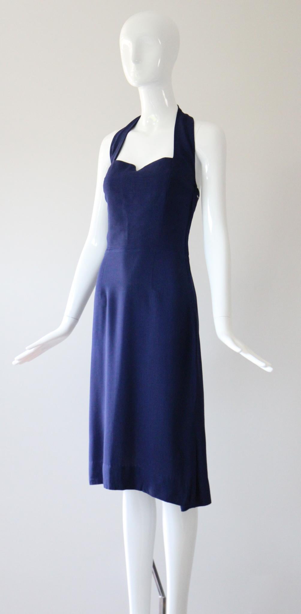 Vintage 1940s Navy Blue Cotton Halter Neck Dress Robe de jour 1940's UK 8-10 US 4-6 1
