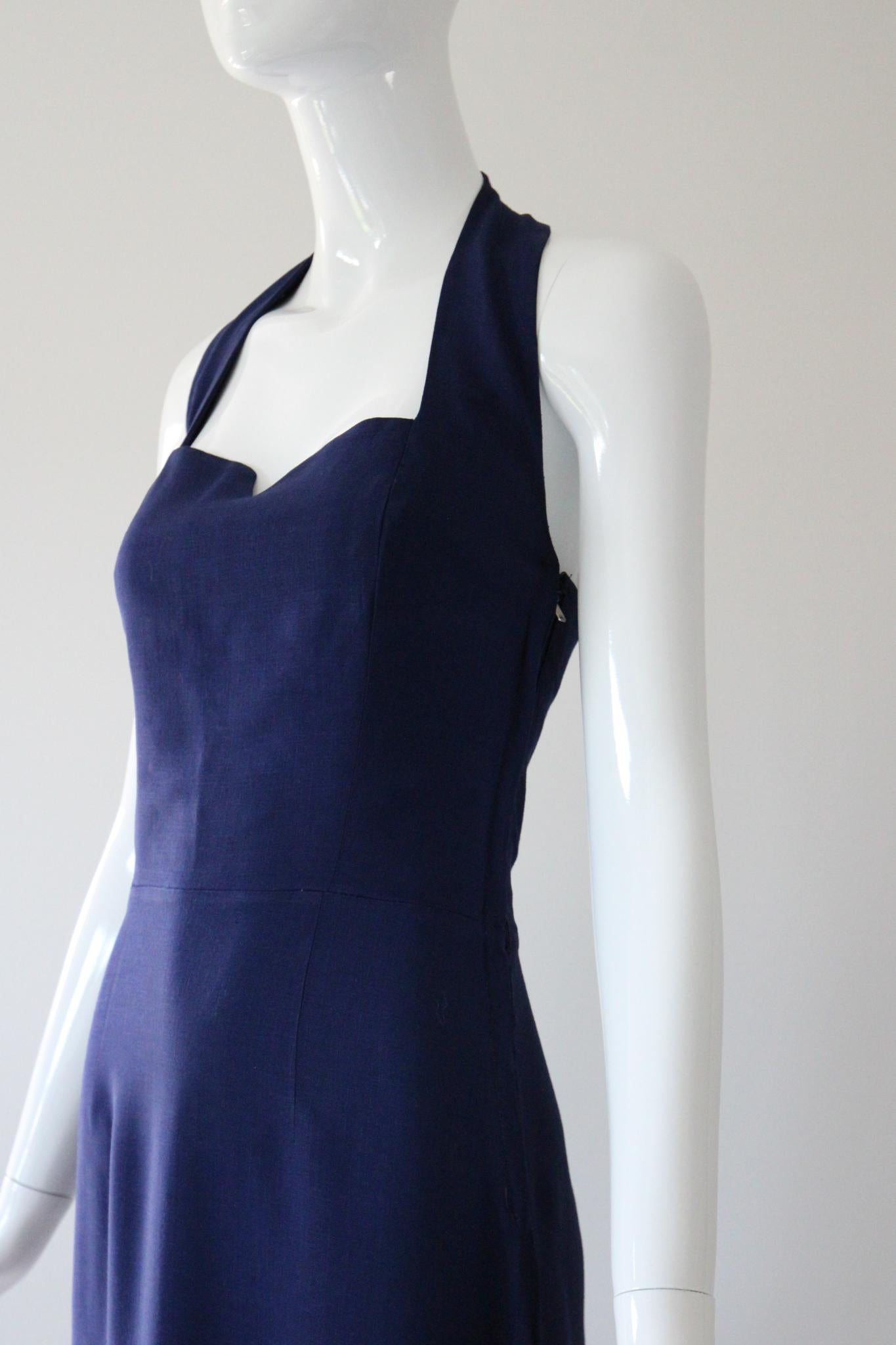 Vintage 1940s Navy Blue Cotton Halter Neck Dress Robe de jour 1940's UK 8-10 US 4-6 2