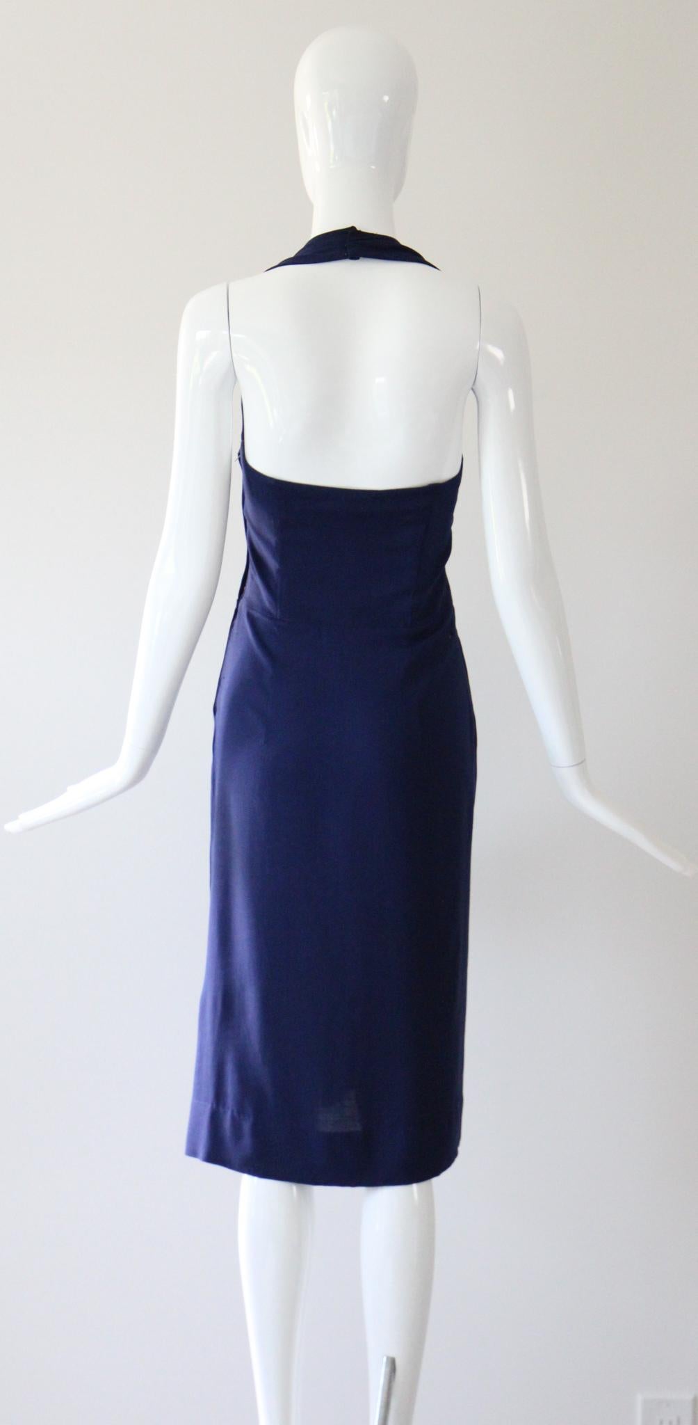 Vintage 1940s Navy Blue Cotton Halter Neck Dress Robe de jour 1940's UK 8-10 US 4-6 3