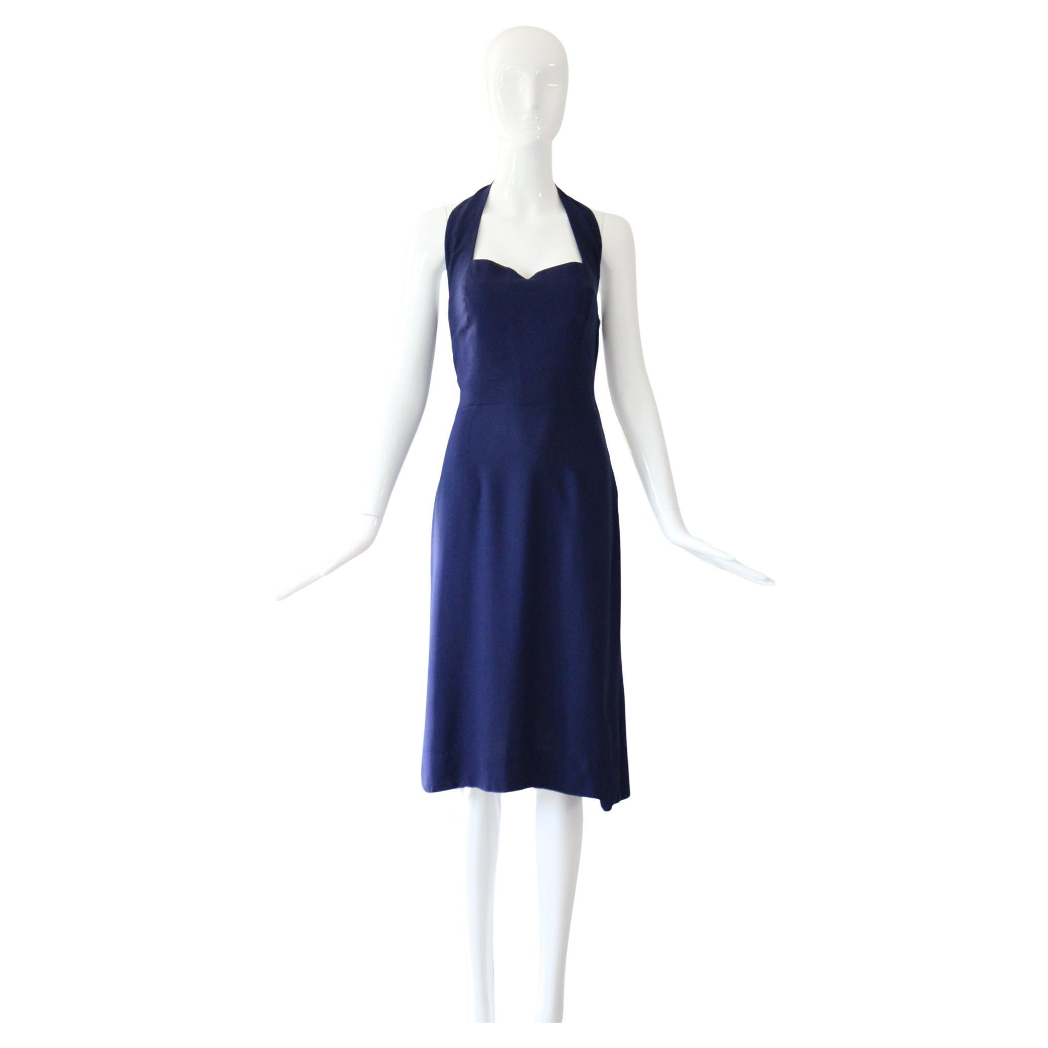 Vintage 1940s Navy Blue Cotton Halter Neck Dress Robe de jour 1940's UK 8-10 US 4-6