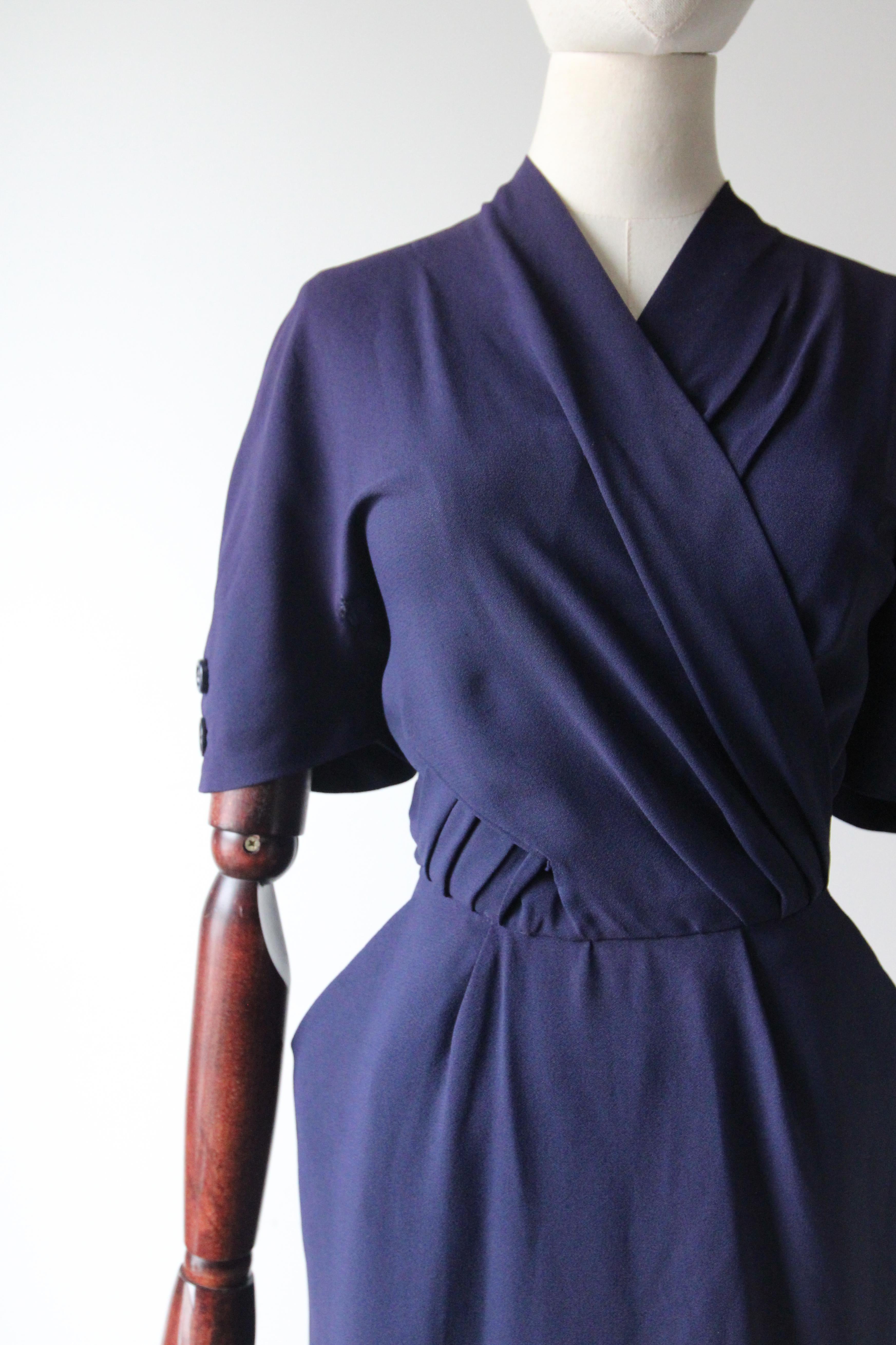 Black Vintage 1940's Navy blue crepe silk pleated dress buttons back UK 10 US 6 For Sale