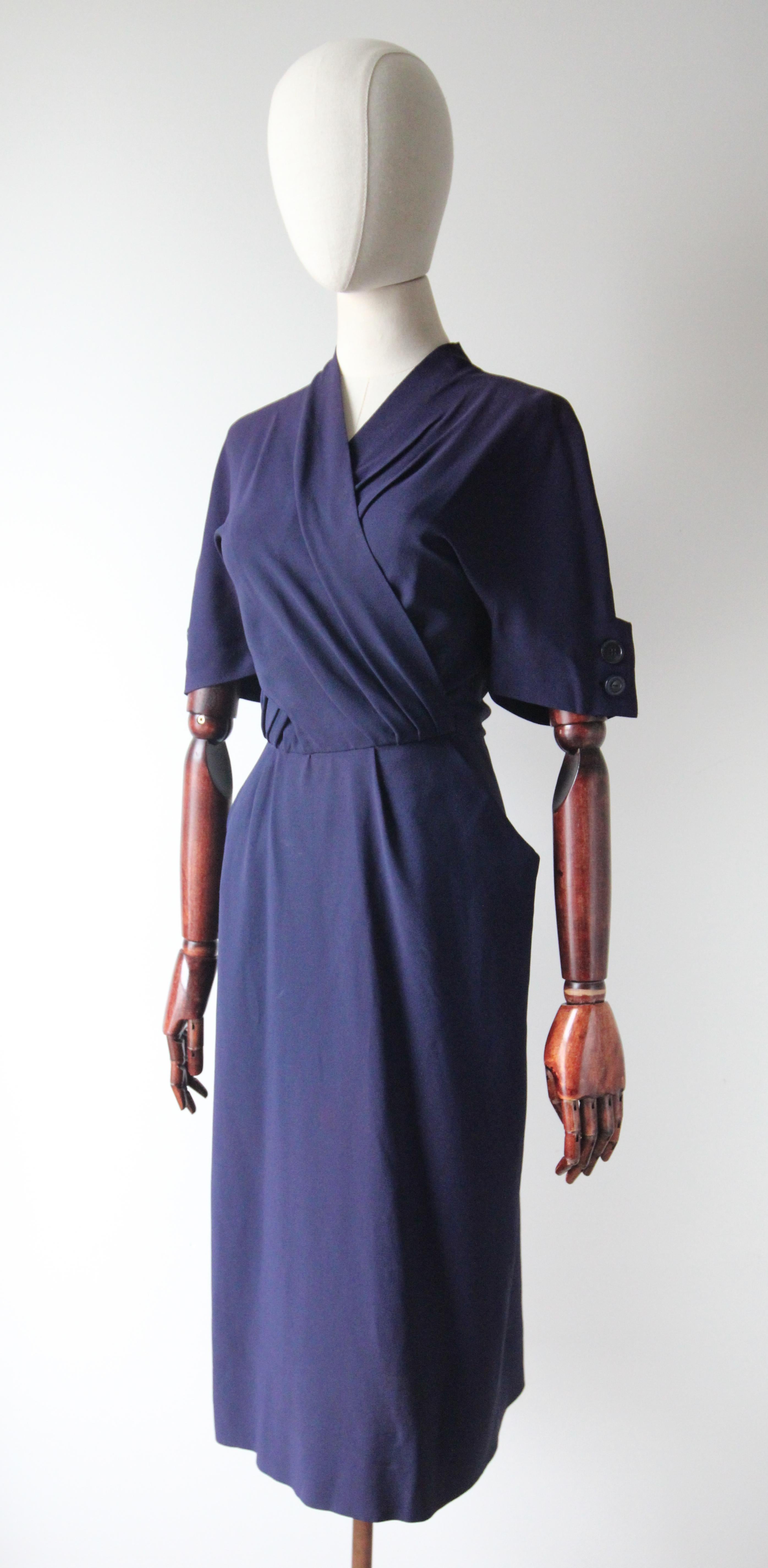Vintage 1940's Navy blue crepe silk pleated dress buttons back UK 10 US 6 For Sale 1