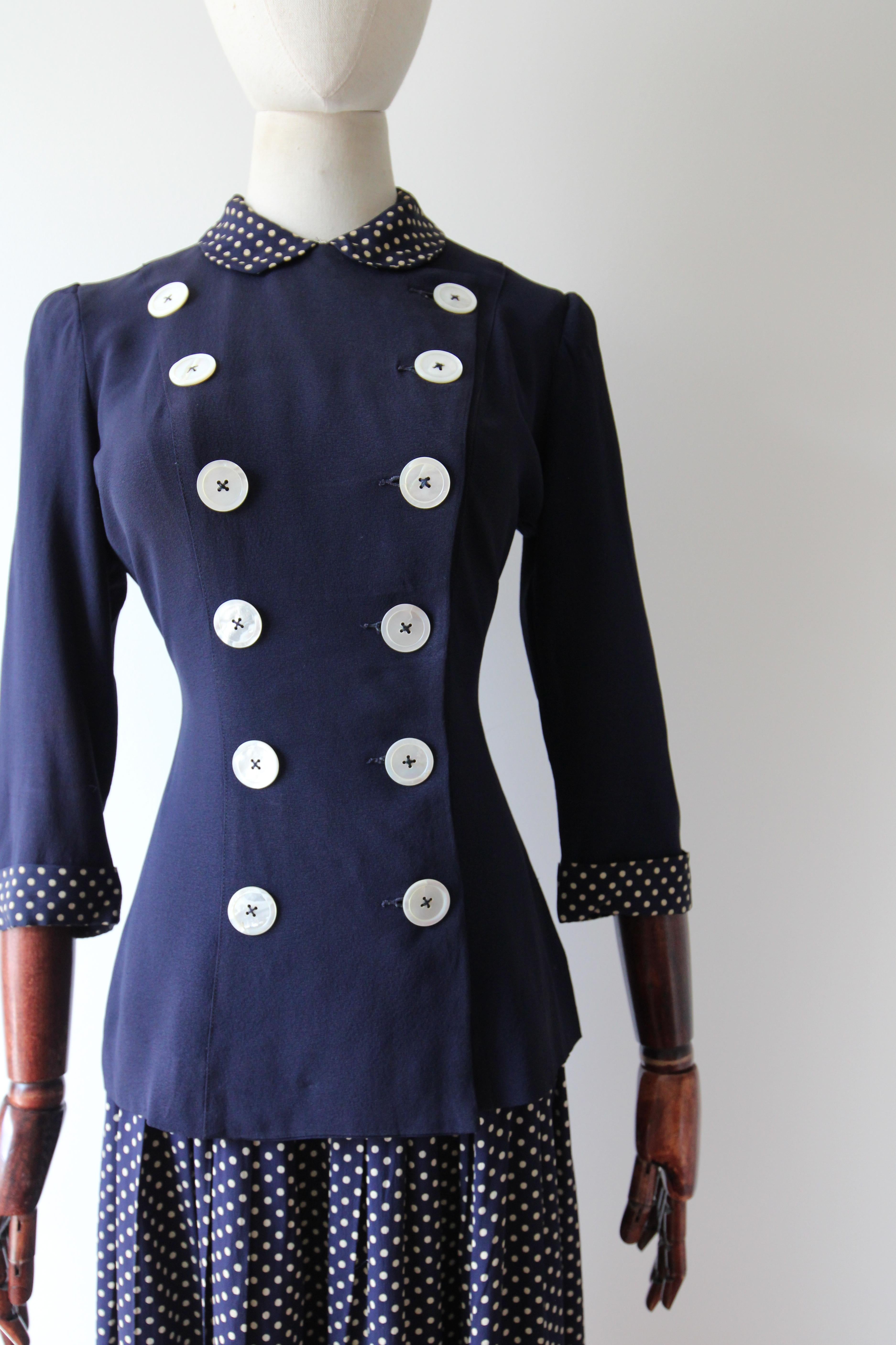 Nero Abito con gonna in rayon e seta polkadot vintage anni '40 Abito anni '40 UK 8 US 4 in vendita