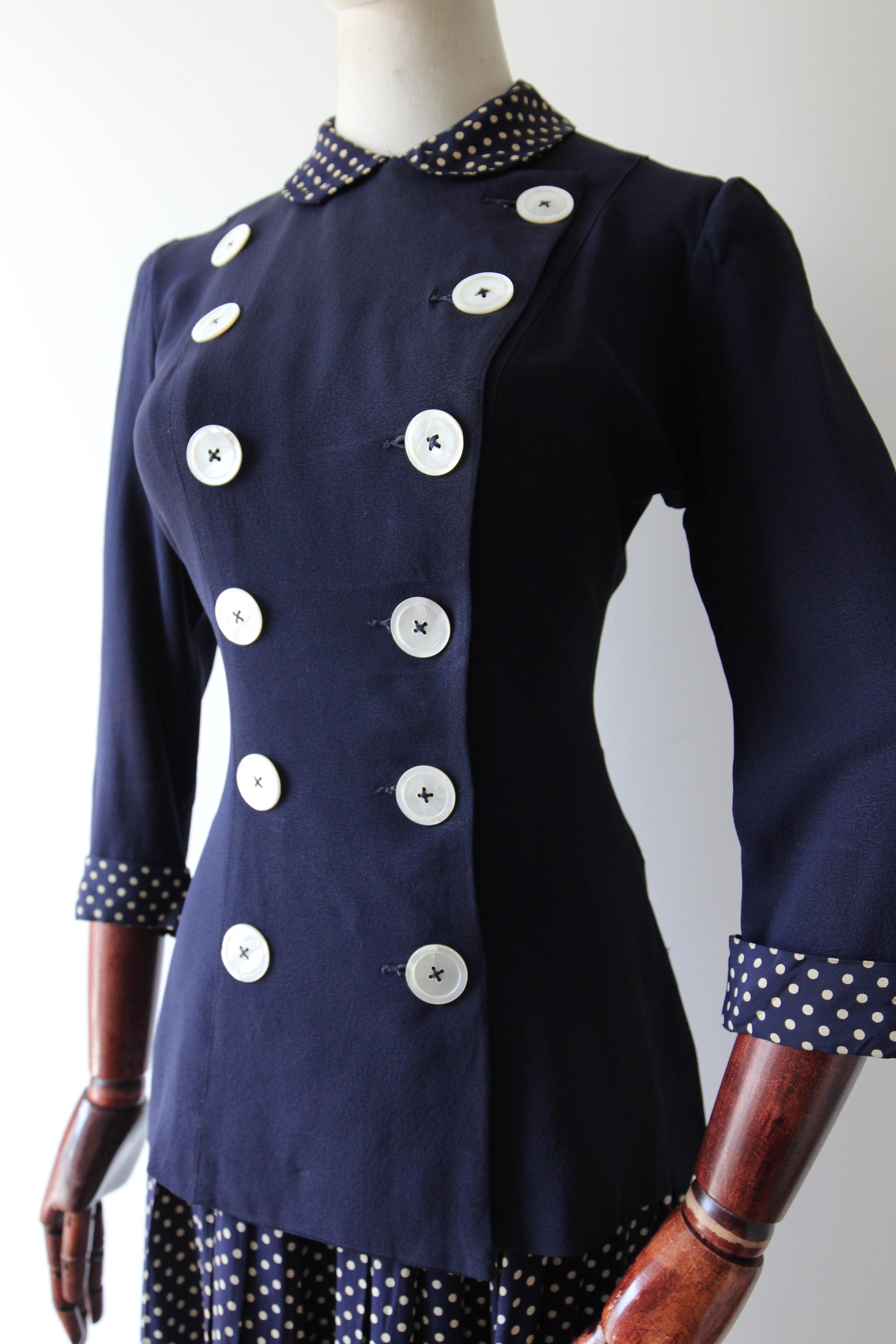 Abito con gonna in rayon e seta polkadot vintage anni '40 Abito anni '40 UK 8 US 4 in vendita 2