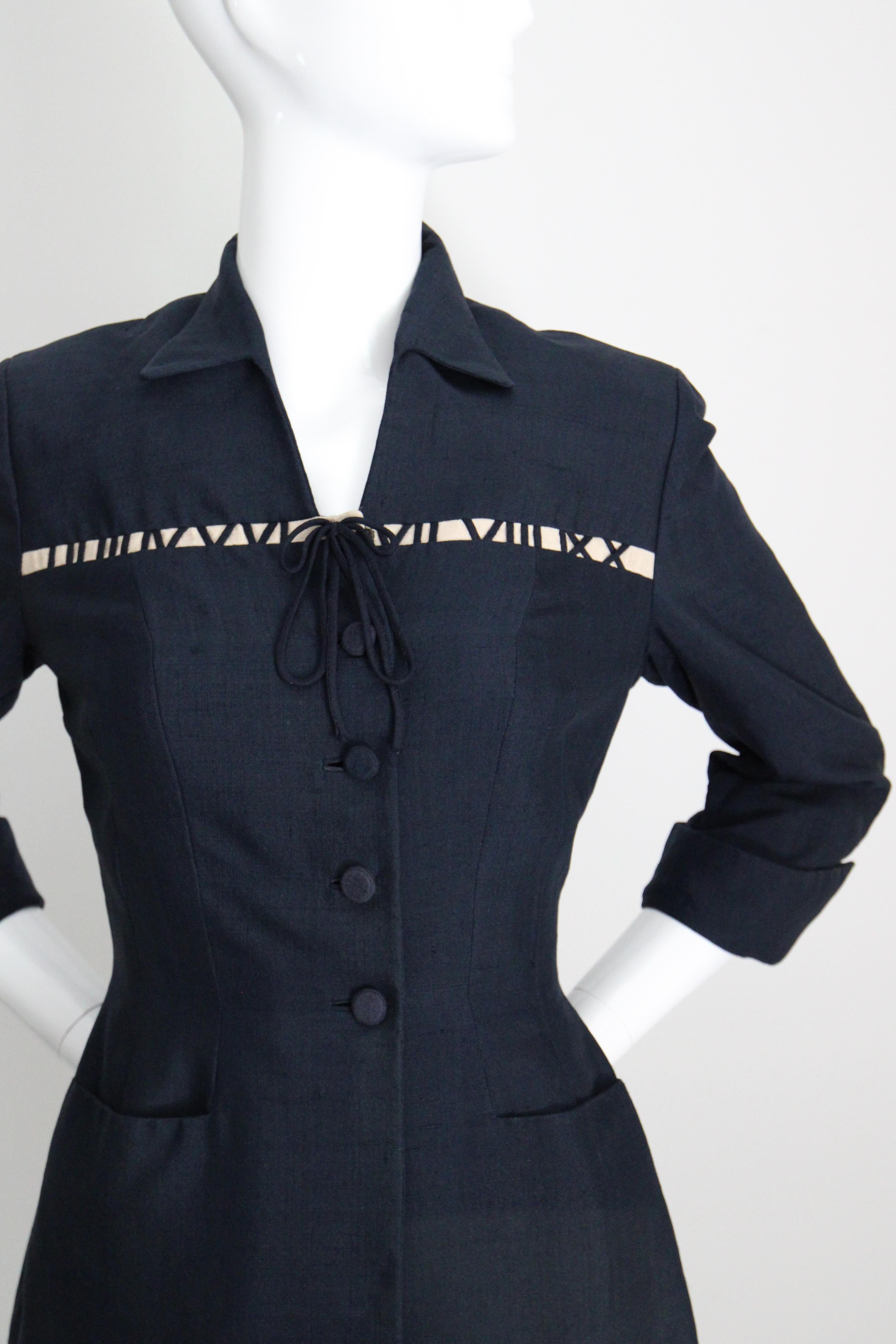 Vintage 1940 Chaqueta de seda azul marino Blazer números romanos UK 8 US 4 Negro en venta
