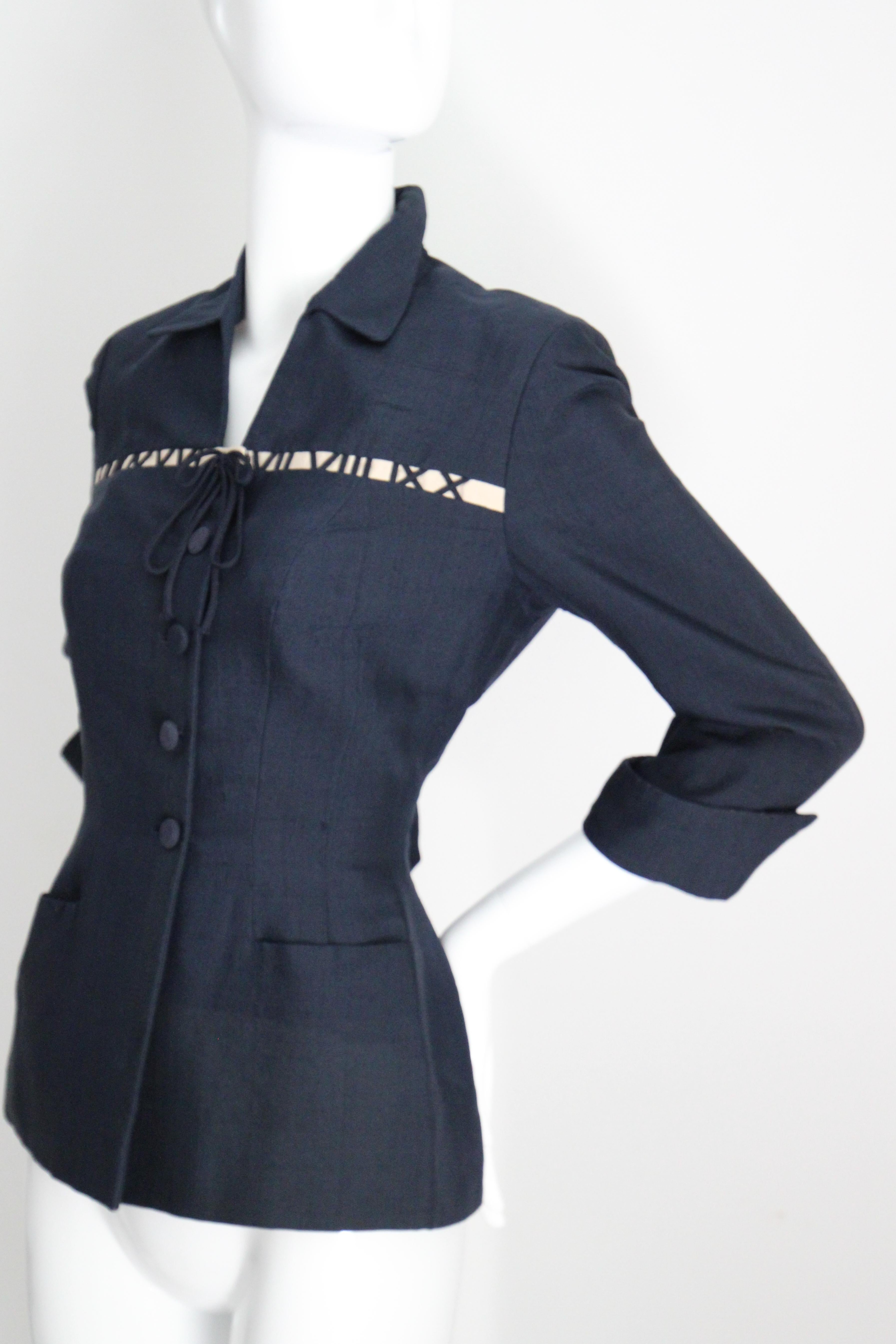 Vintage 1940 Chaqueta de seda azul marino Blazer números romanos UK 8 US 4 en venta 3