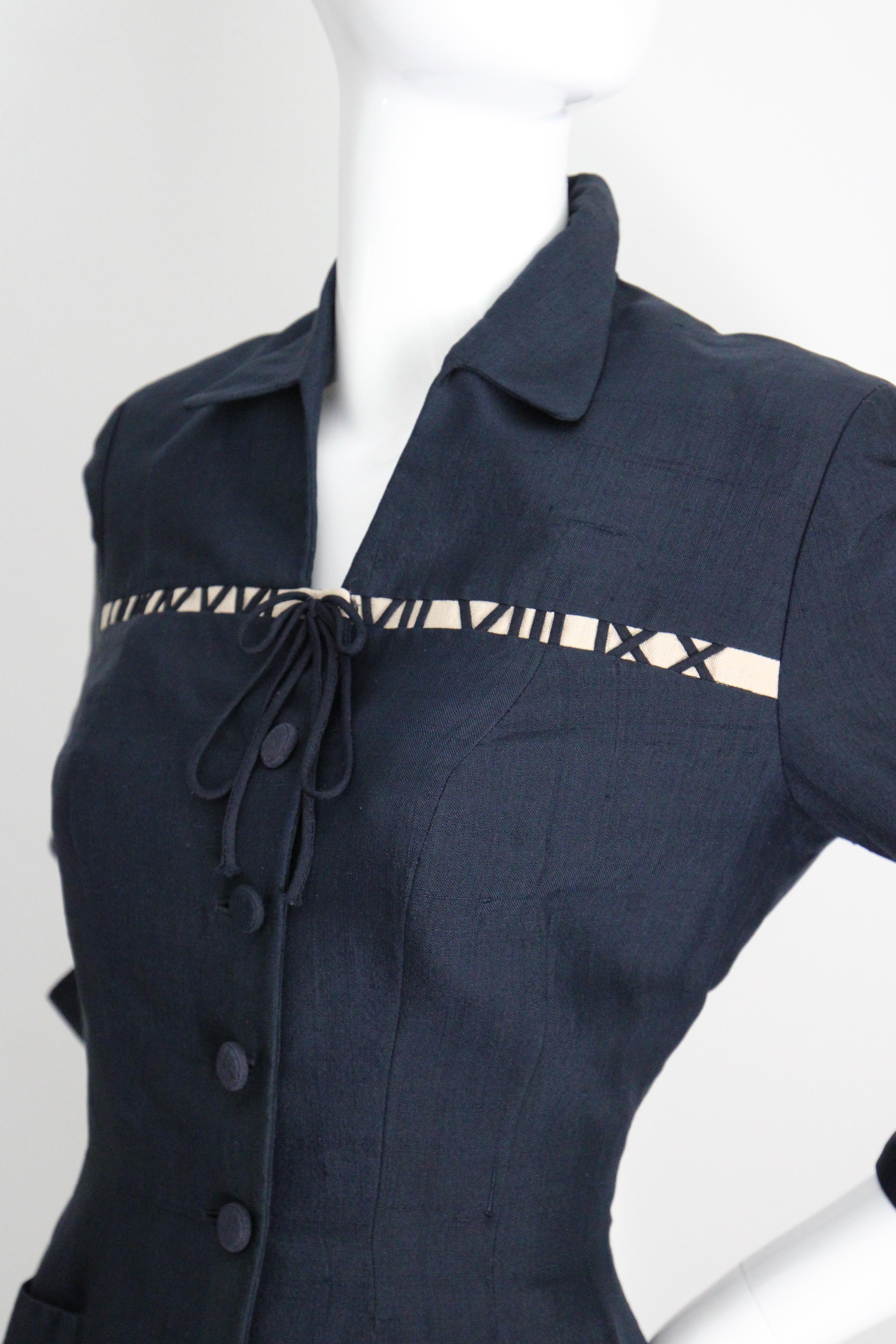 Vintage 1940 Chaqueta de seda azul marino Blazer números romanos UK 8 US 4 en venta 4