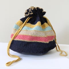 Vintage 1940's Navy Blue Striped Drawstring Handbag Purse Woven