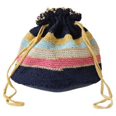 Vintage 1940's Navy Blue Striped Drawstring Handbag Purse Woven