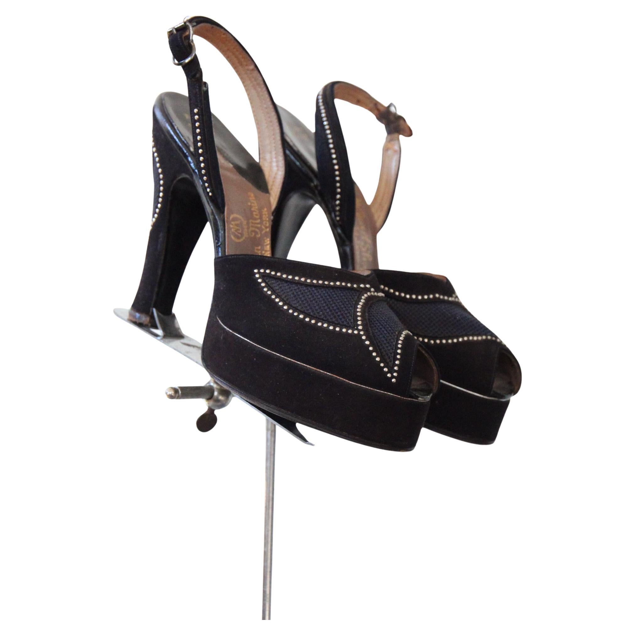 Vintage 1940's Navy Blue Suede Studded Platform Peep Toe Heels UK 2 US 4