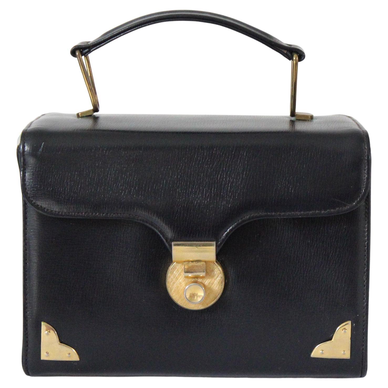 Vintage 1940
s Marineblau Top Handle Box Tasche Gold Hardware Marine Leder Geldbörse