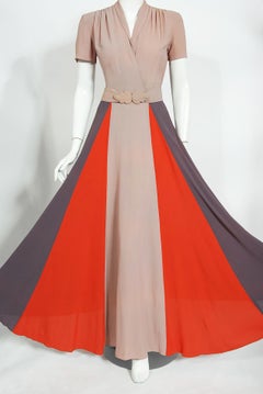 Vintage 1940's New York Creation Taupe Block-Color Crepe Belted Maxi Dress Gown