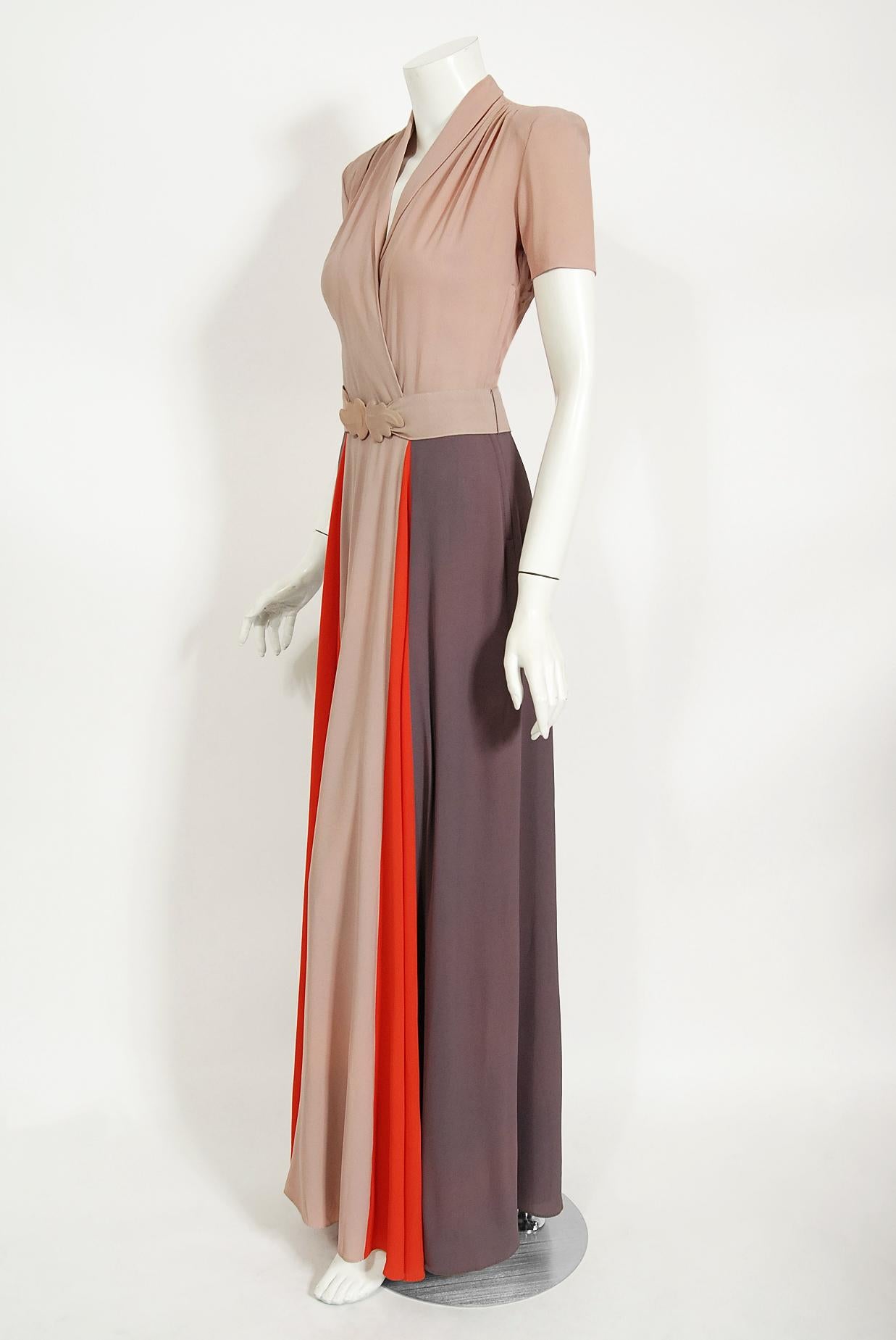 Women's Vintage 1940's New York Creation Taupe Block-Color Crepe Belted Maxi Dress Gown