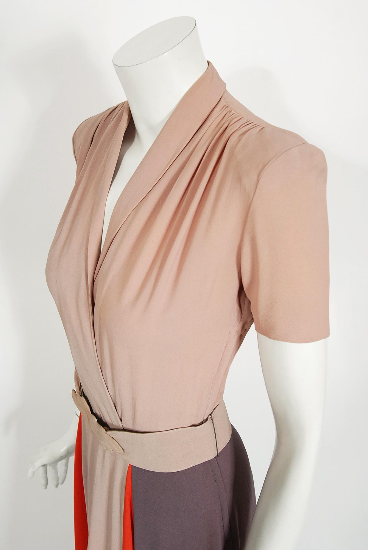 Vintage 1940's New York Creation Taupe Block-Color Crepe Belted Maxi Dress Gown 1