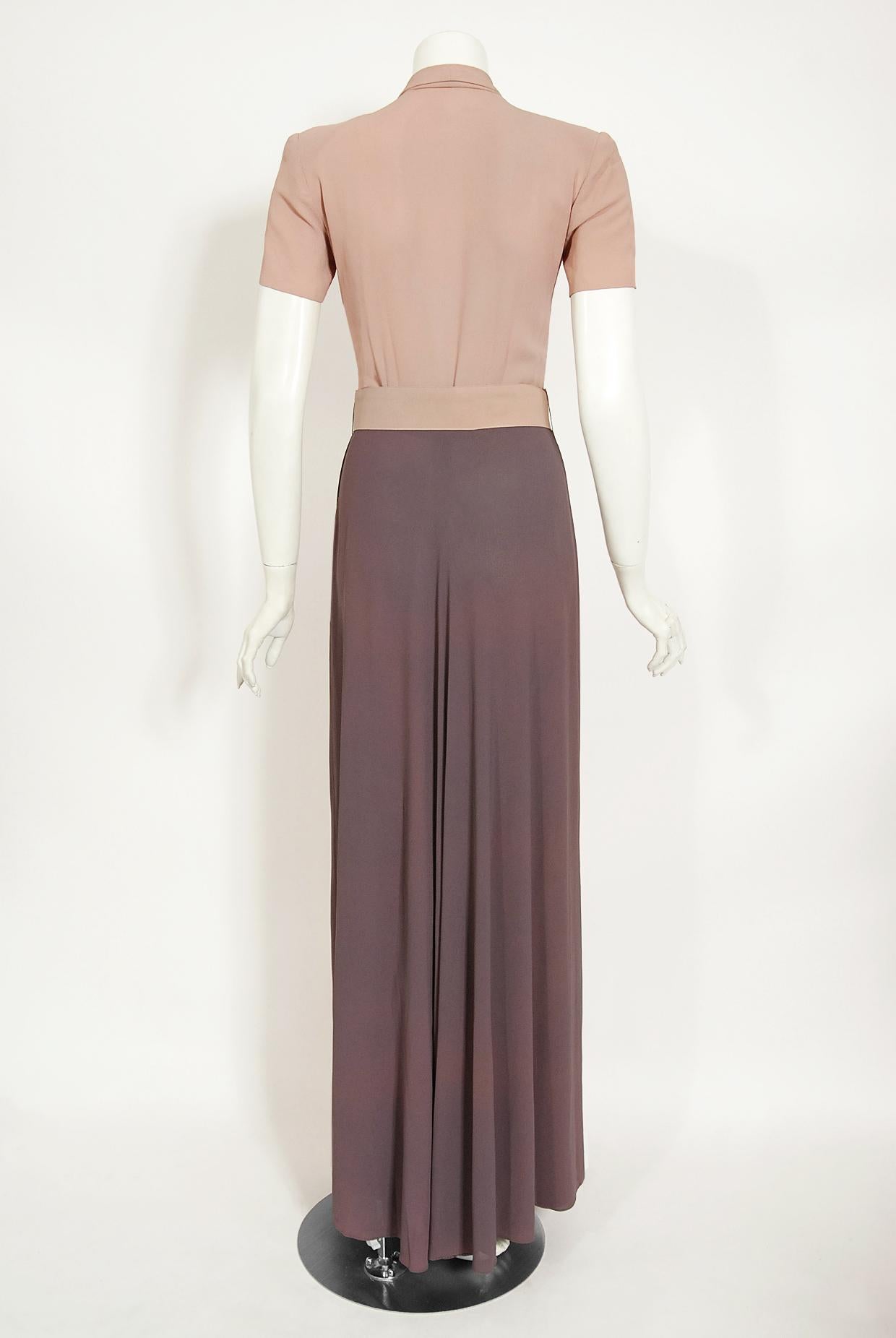 Vintage 1940's New York Creation Taupe Block-Color Crepe Belted Maxi Dress Gown 4
