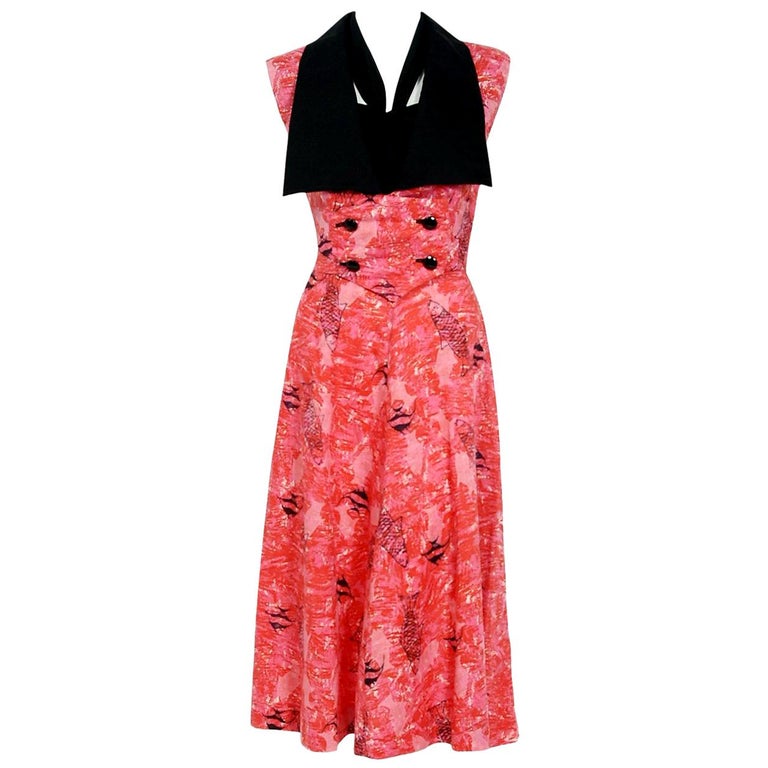 Vintage 1950's Novelty Fish Print Black and Pink Cotton Halter Dress ...