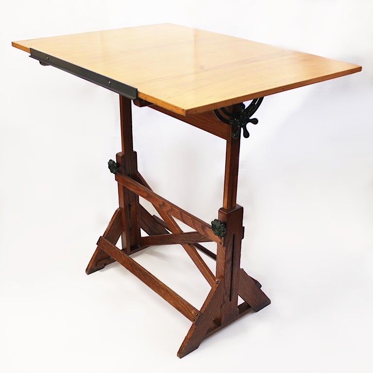 Vintage 1940s Oak And Iron Drafting Table By The F Weber Co Of