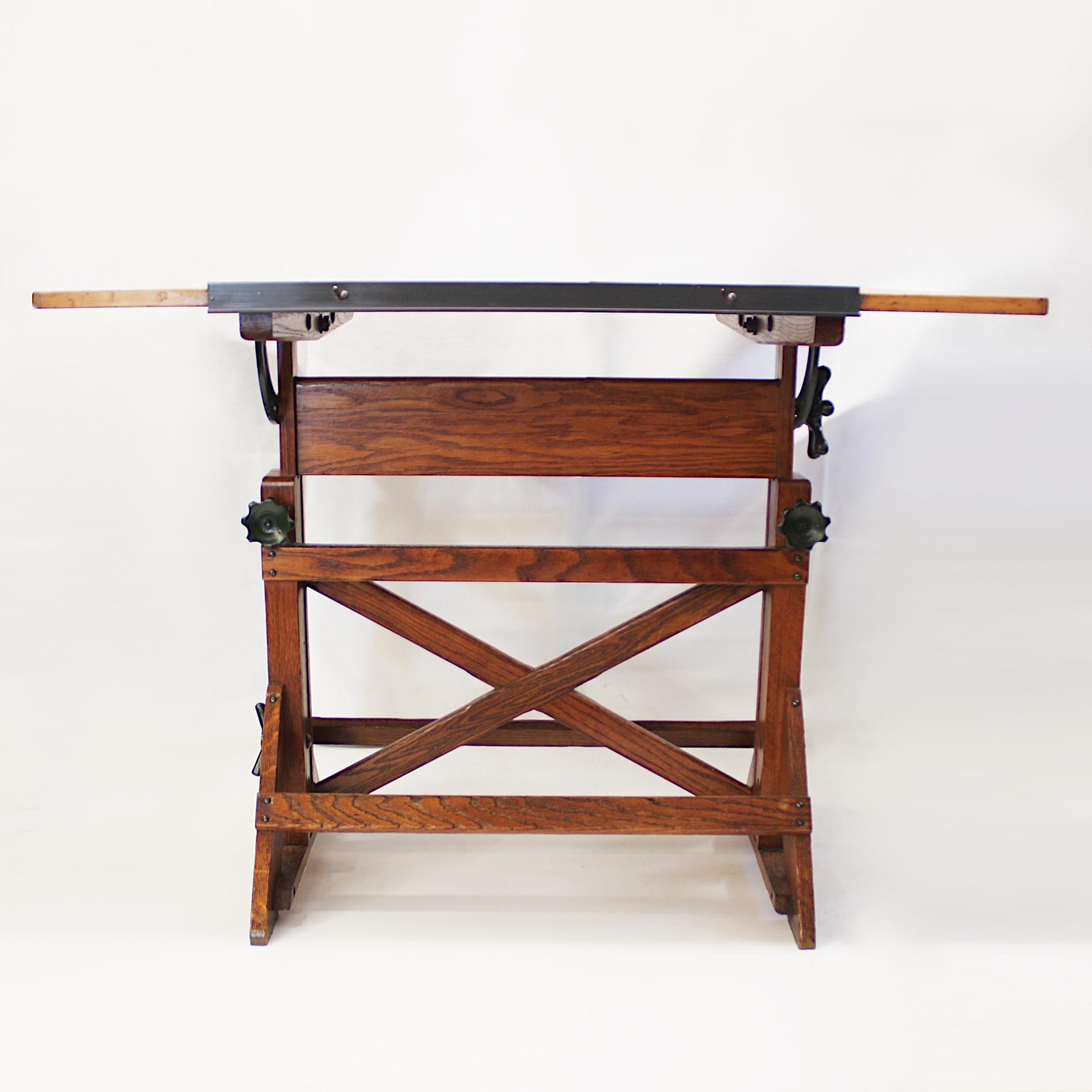 Vintage 1940s Oak and Iron Drafting Table by the F. er Co. of