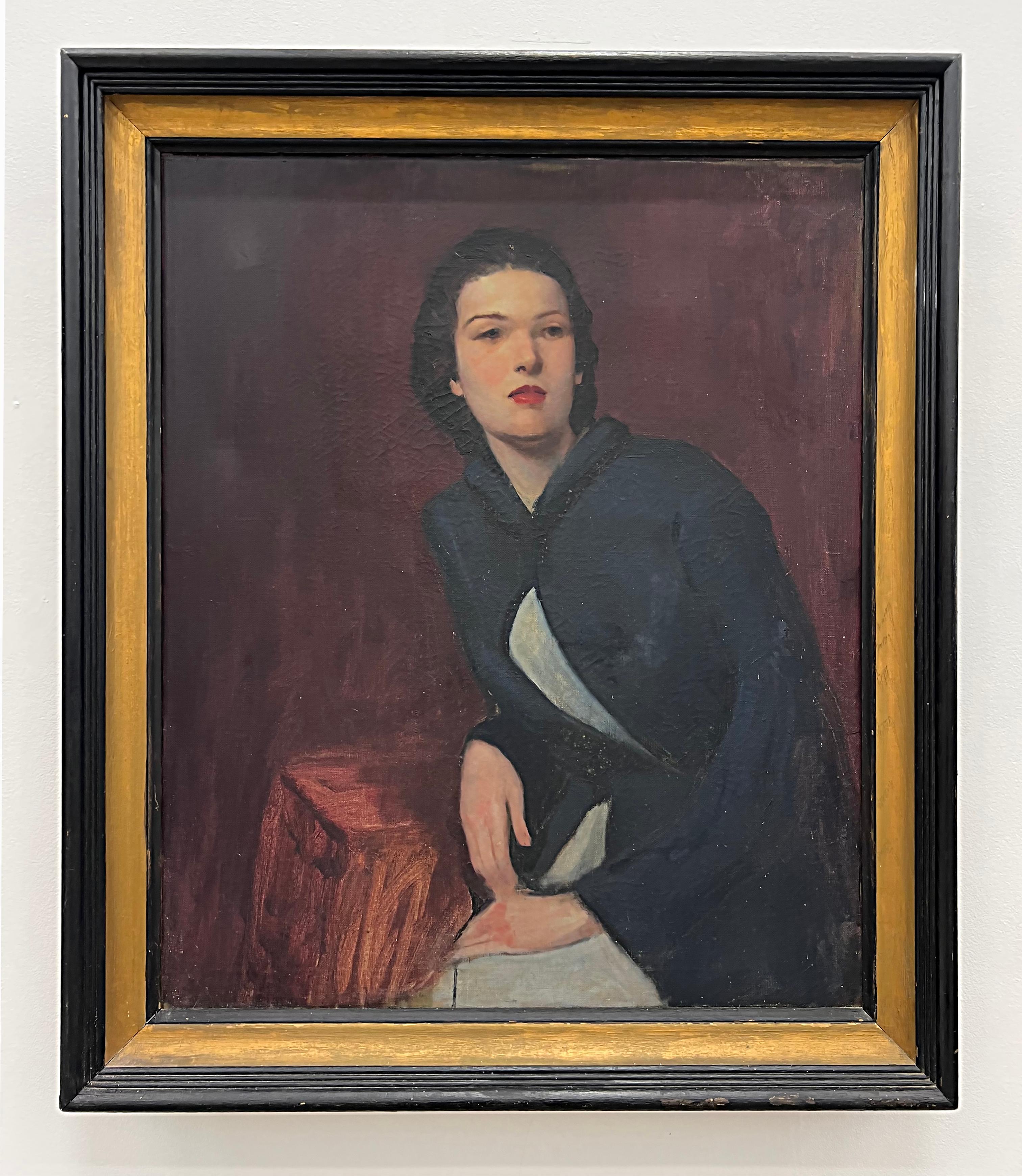 Vintage 1940s oil painting portrait of a seated woman framed, signed

Offered for sale is a vintage 1940s oil painting portrait of a seated woman. The painting has a vintage patina and is displayed in the original black and gold painted molded