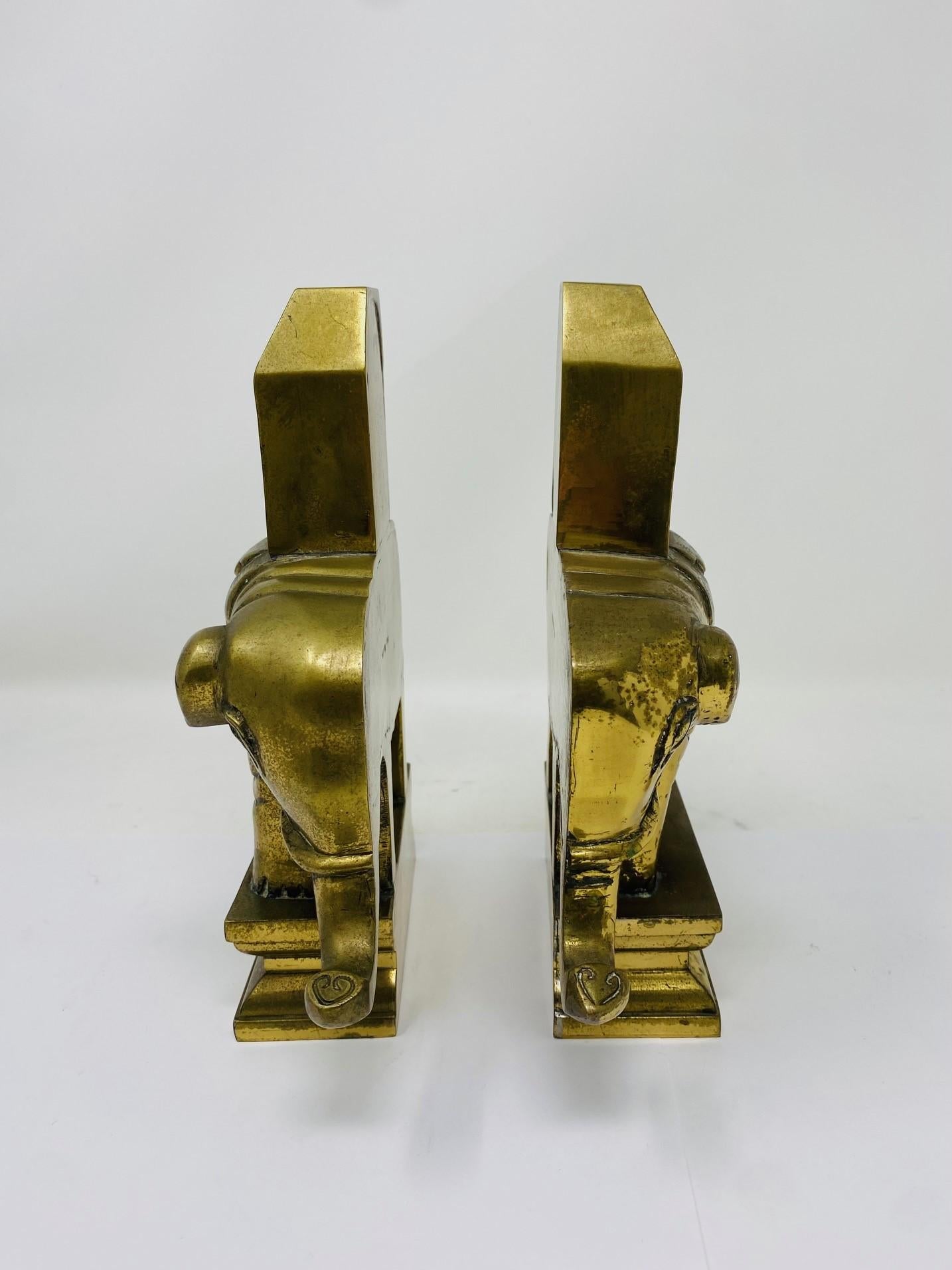 Vintage 1940s Pair of Sculptural Elephant Bookends in Solid Brass For Sale 2