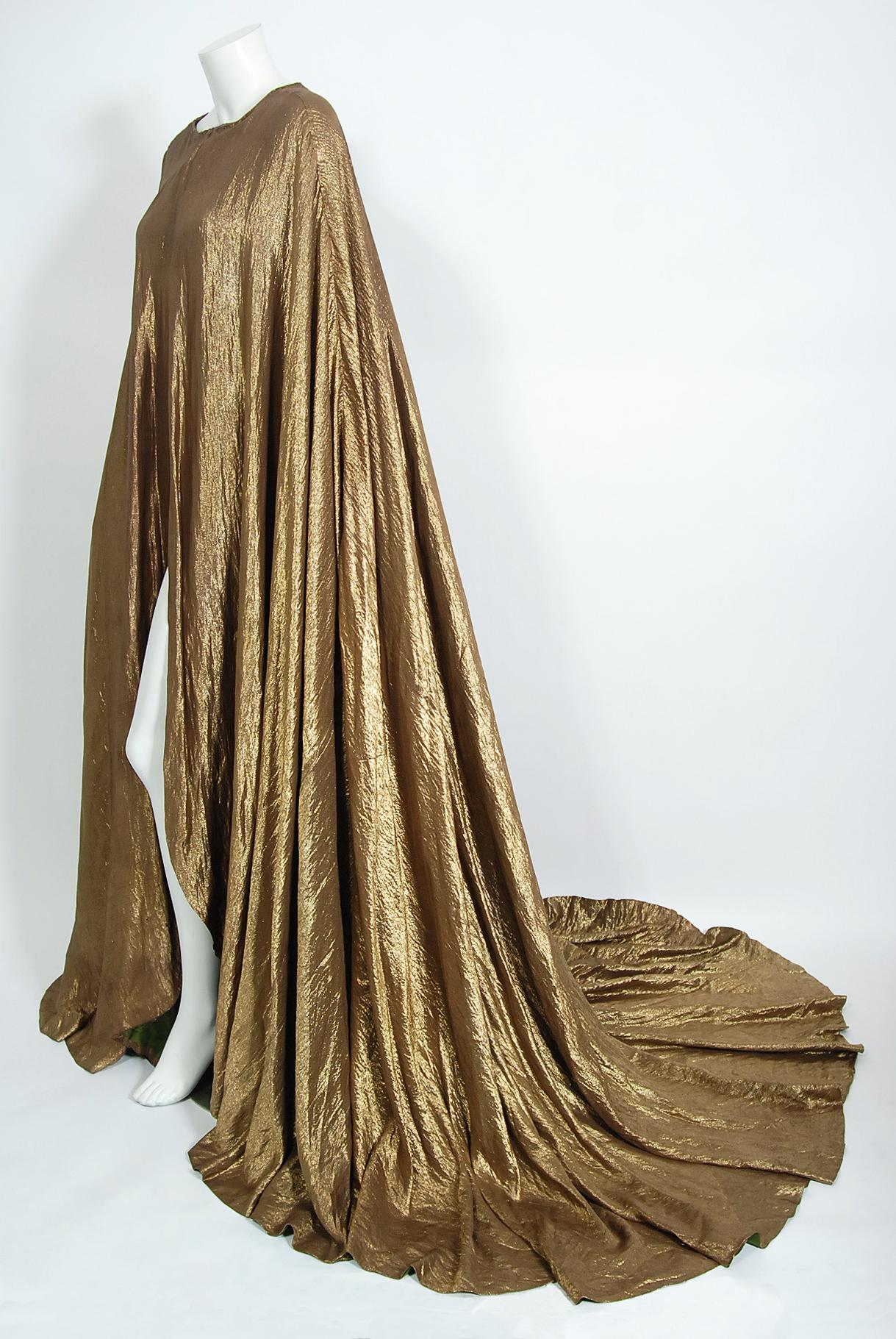 Vintage 1940's Paramount Film-Worn Metallic Gold Lamé Full Length Trained Cape In Good Condition In Beverly Hills, CA