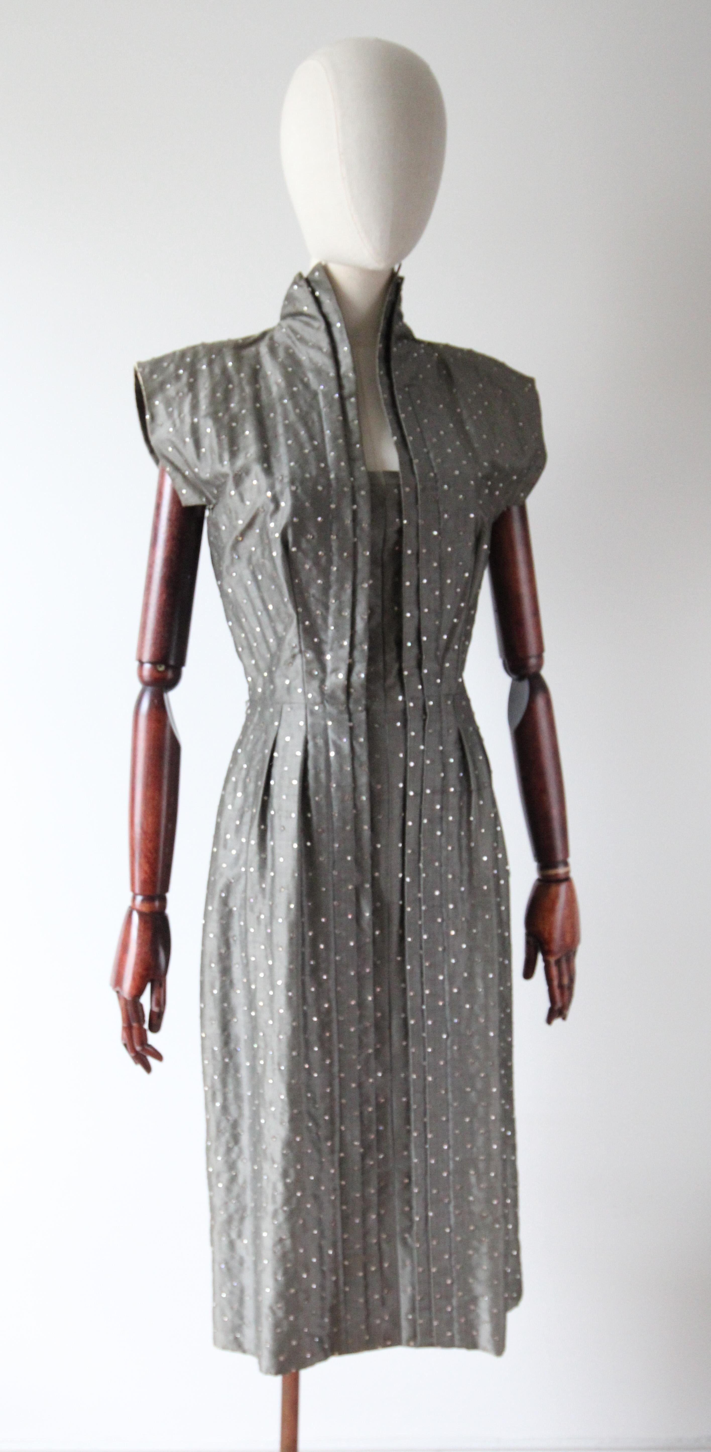 Gray Vintage 1940's Pauline Trigère Grey Silk Rhinestone Embellished Dress UK 8 US 4 For Sale