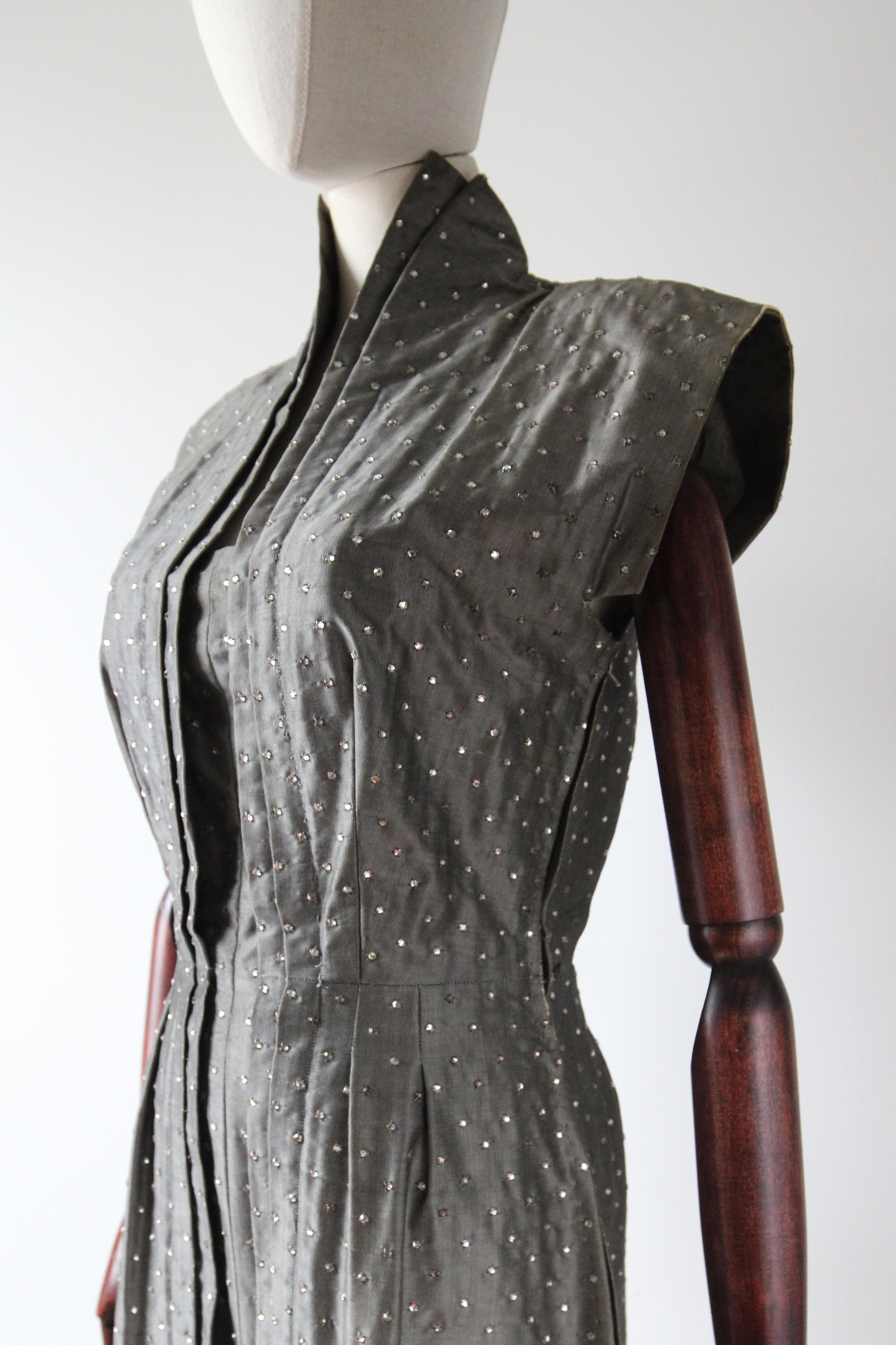 Vintage 1940's Pauline Trigère Grey Silk Rhinestone Embellished Dress UK 8 US 4 For Sale 1