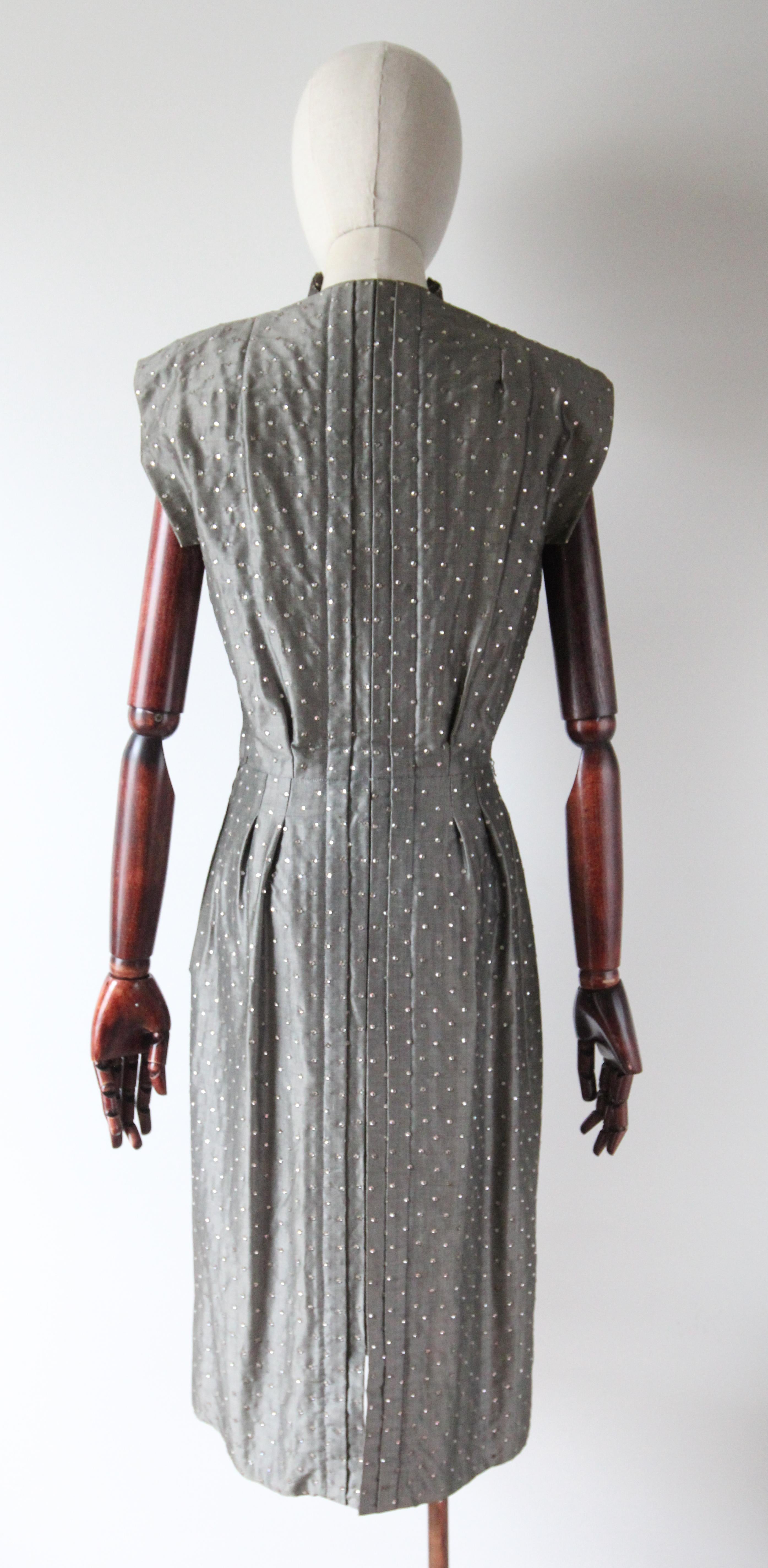 Vintage 1940's Pauline Trigère Grey Silk Rhinestone Embellished Dress UK 8 US 4 For Sale 2